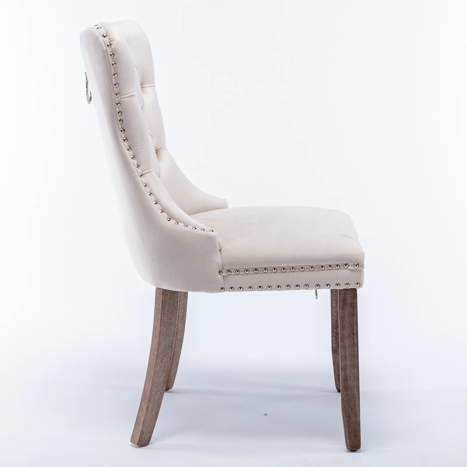 Nikki Collection Tufted Velvet Upholstered Dining Chair Wood Legs Nailhead Trim 2-Pcs Set - Beige - Image 4