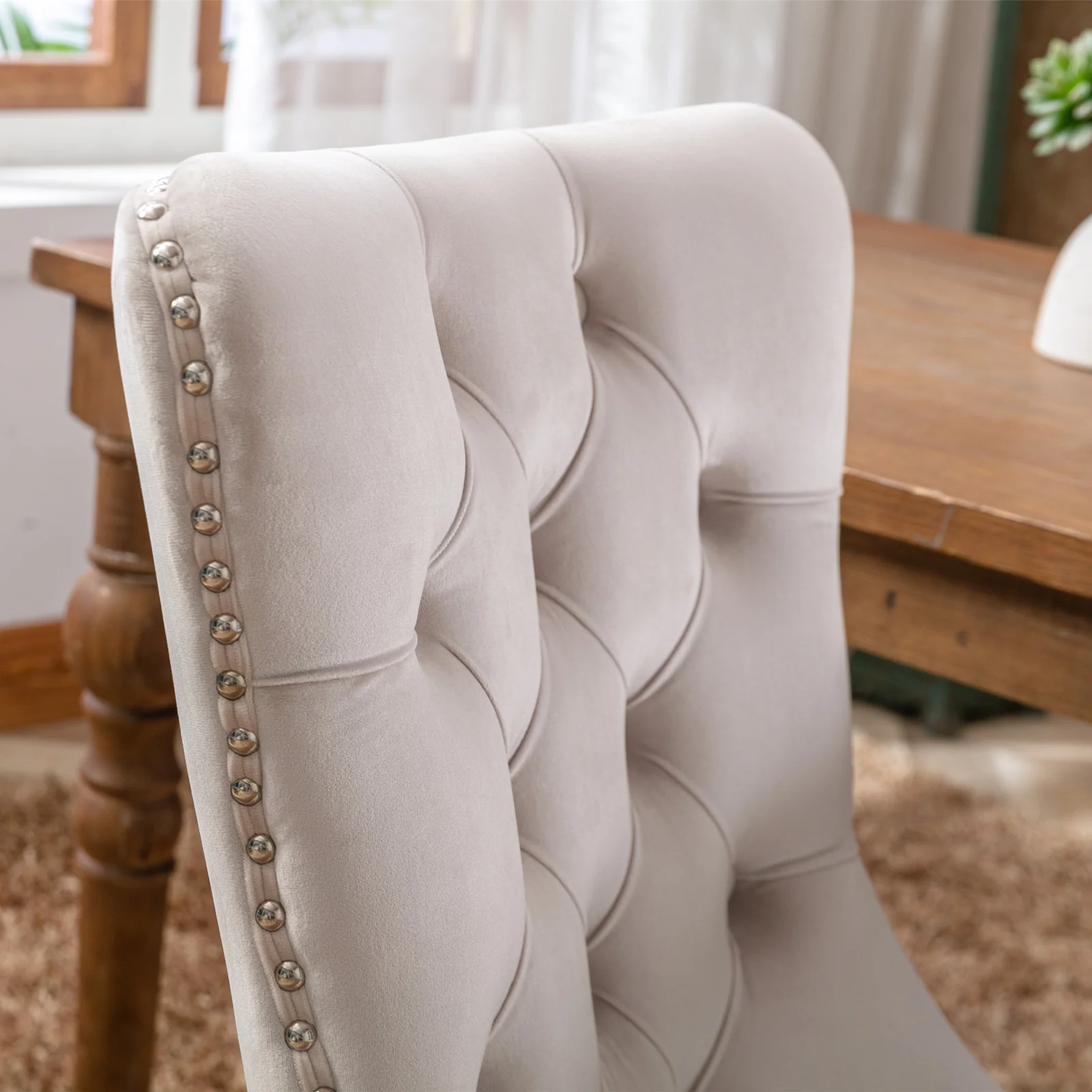 Nikki Collection Tufted Velvet Upholstered Dining Chair Wood Legs Nailhead Trim 2-Pcs Set - Beige - Image 8