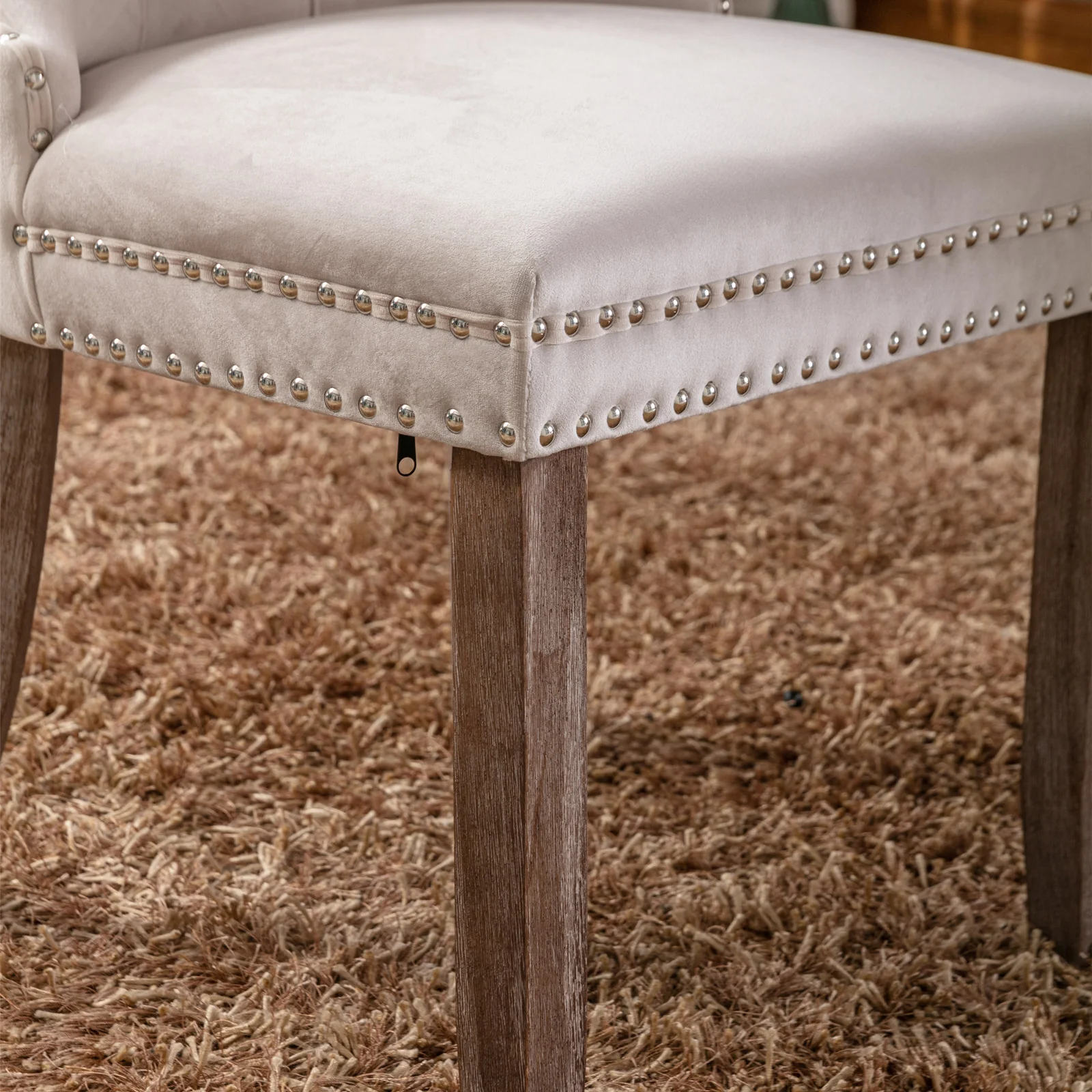 Nikki Collection Tufted Velvet Upholstered Dining Chair Wood Legs Nailhead Trim 2-Pcs Set - Beige - Image 9