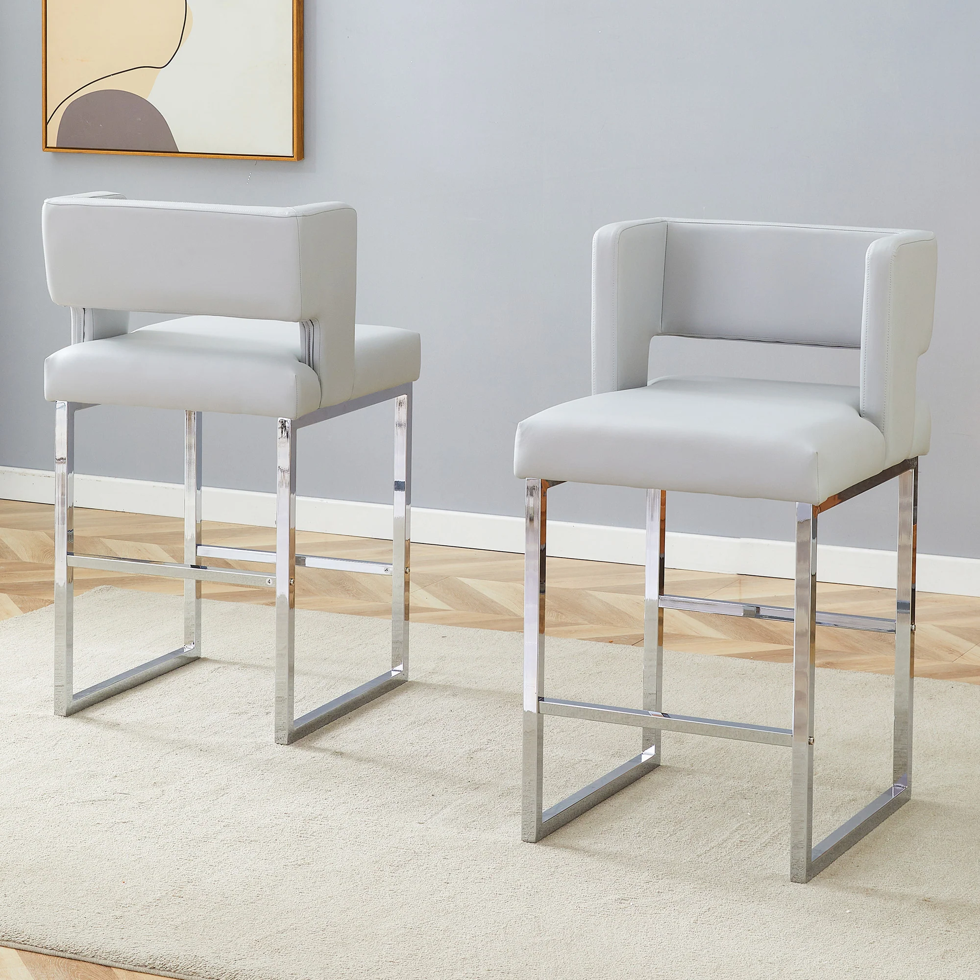 Nordic Bar Chairs Set of 2 Modern Square Design Silver Metal Legs Light Grey