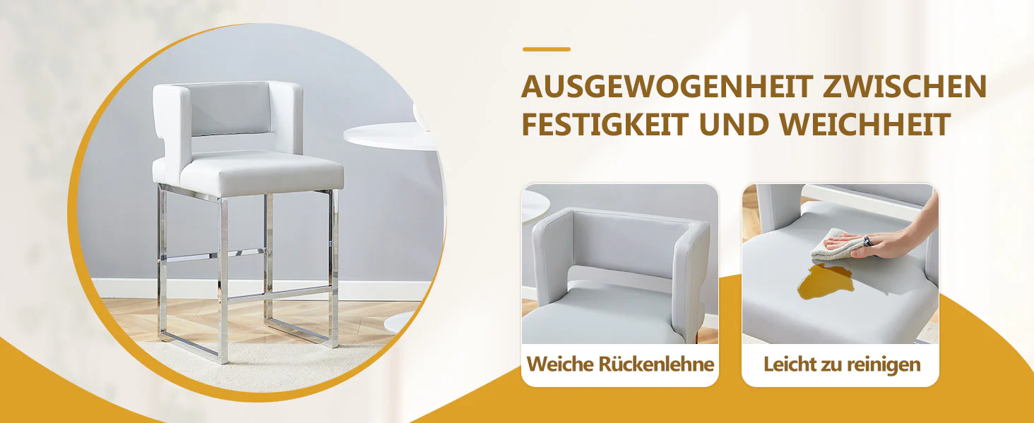 Nordic Bar Chairs Set of 2 Modern Square Design Silver Metal Legs Light Grey - Image 10