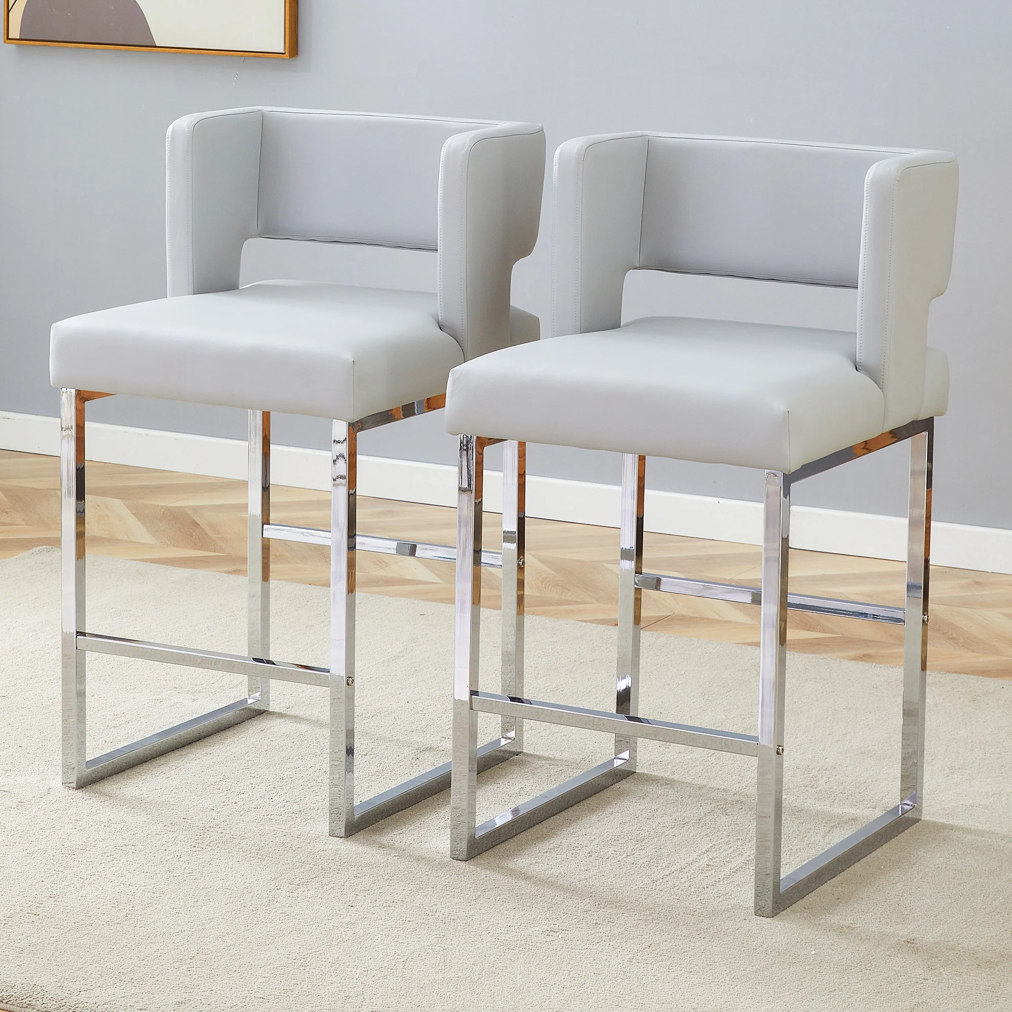 Nordic Bar Chairs Set of 2 Modern Square Design Silver Metal Legs Light Grey - Image 2