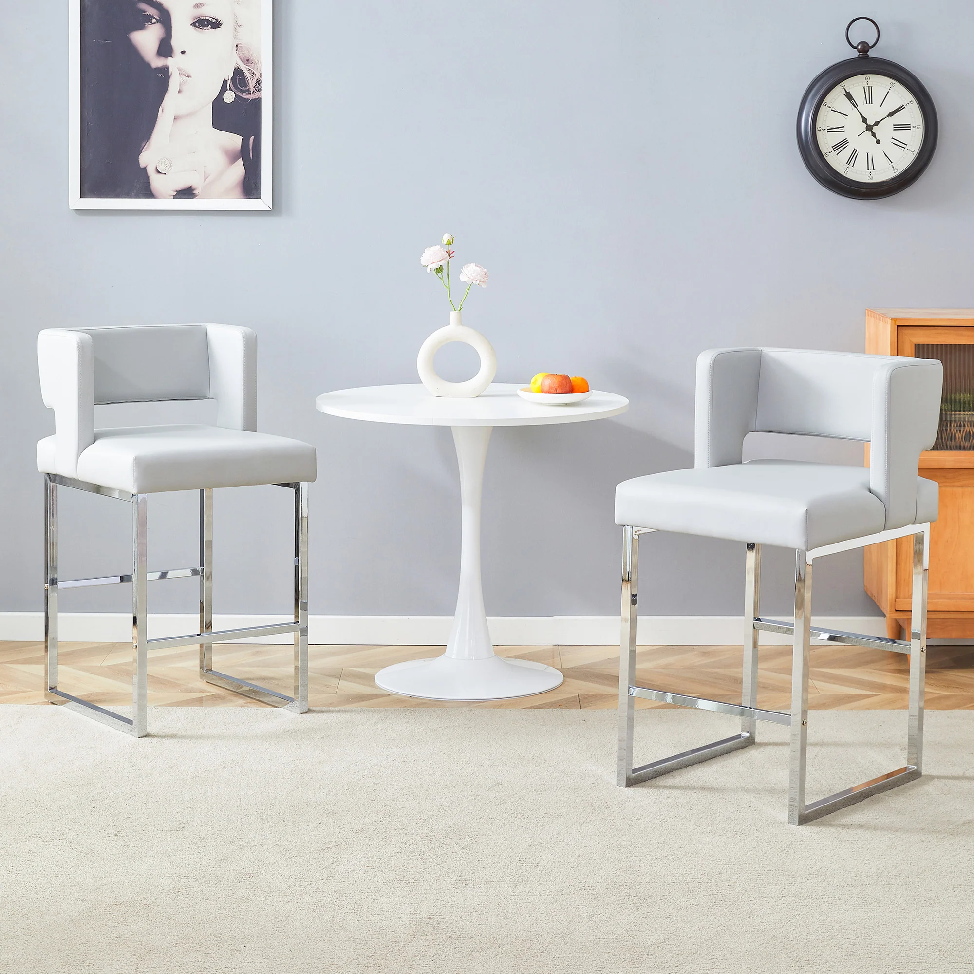 Nordic Bar Chairs Set of 2 Modern Square Design Silver Metal Legs Light Grey - Image 3