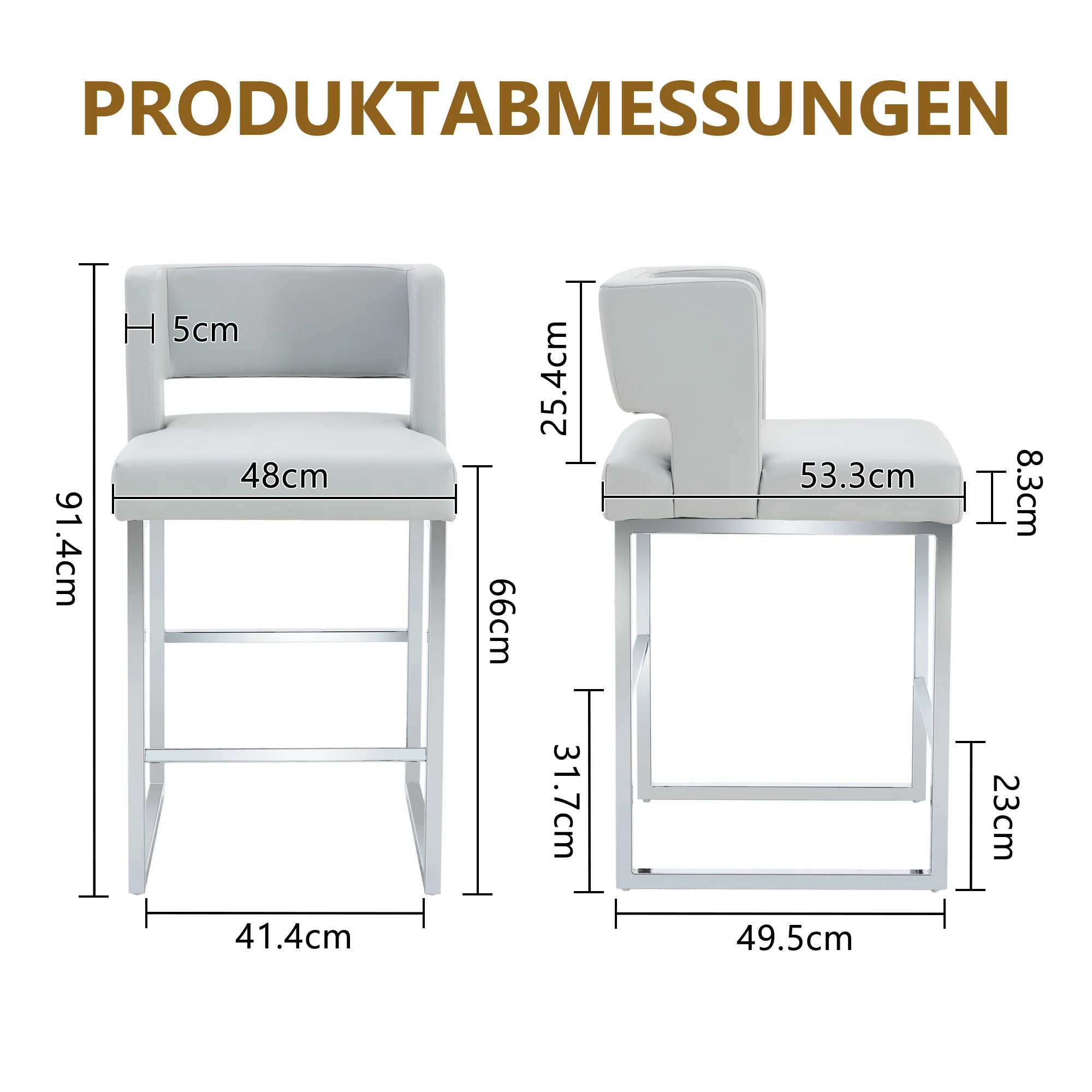 Nordic Bar Chairs Set of 2 Modern Square Design Silver Metal Legs Light Grey - Image 4