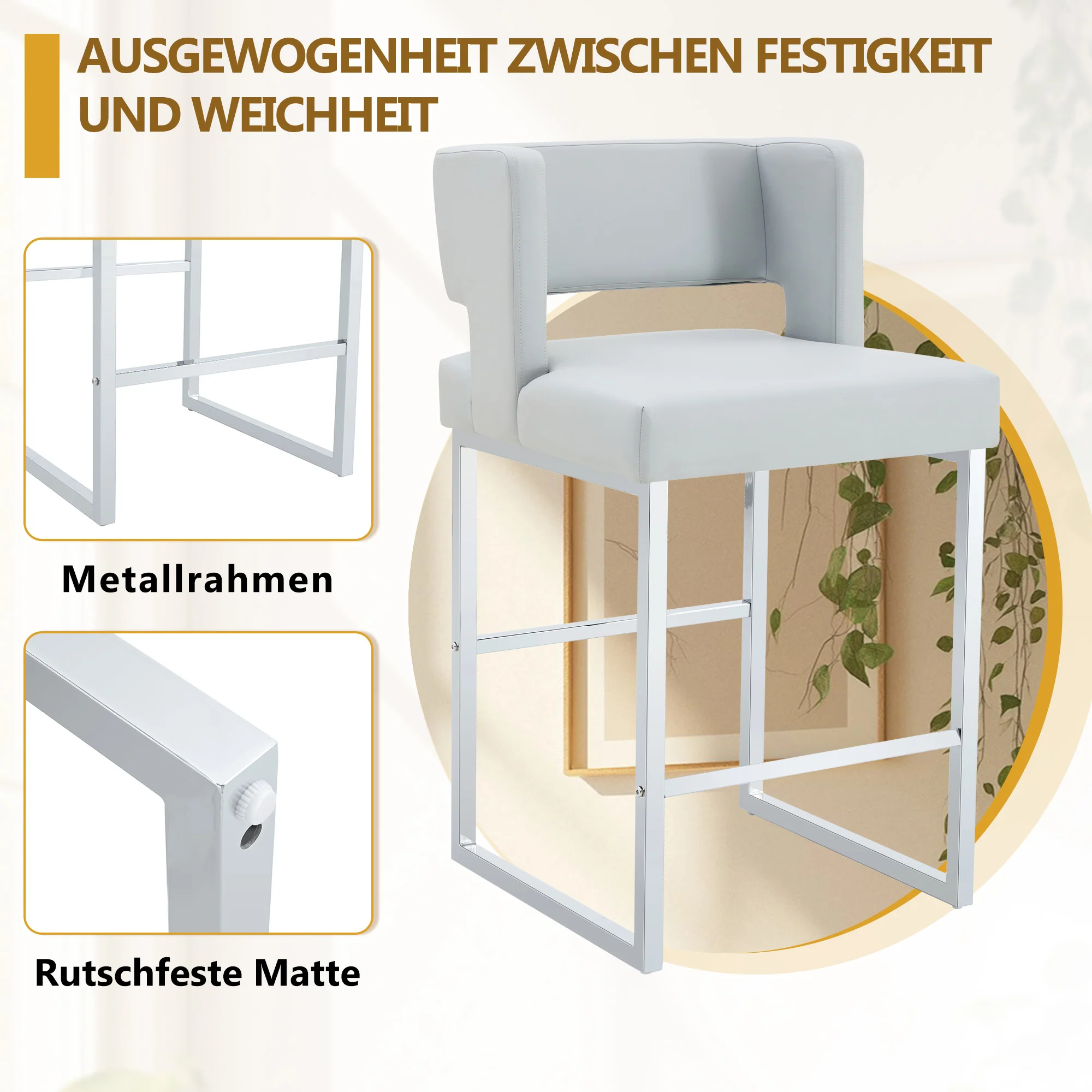 Nordic Bar Chairs Set of 2 Modern Square Design Silver Metal Legs Light Grey - Image 6