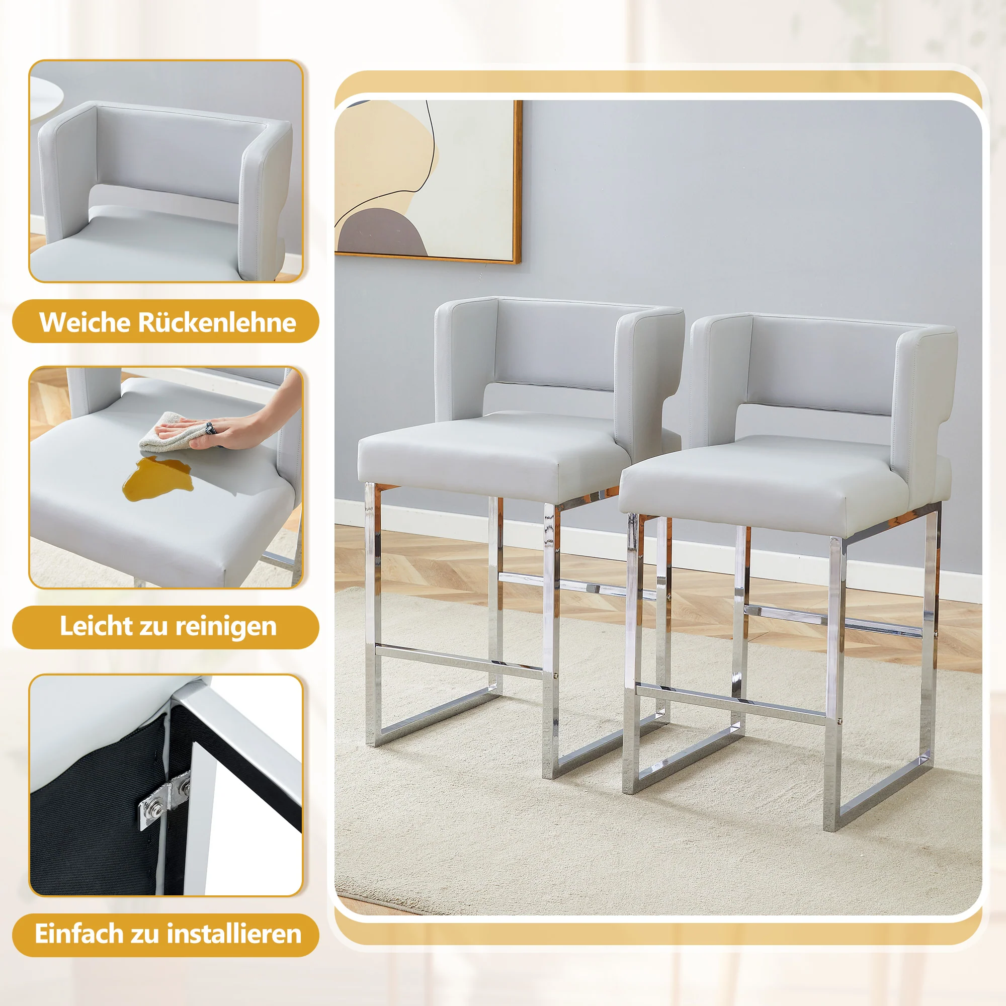 Nordic Bar Chairs Set of 2 Modern Square Design Silver Metal Legs Light Grey - Image 7