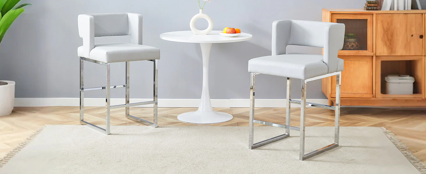 Nordic Bar Chairs Set of 2 Modern Square Design Silver Metal Legs Light Grey - Image 9