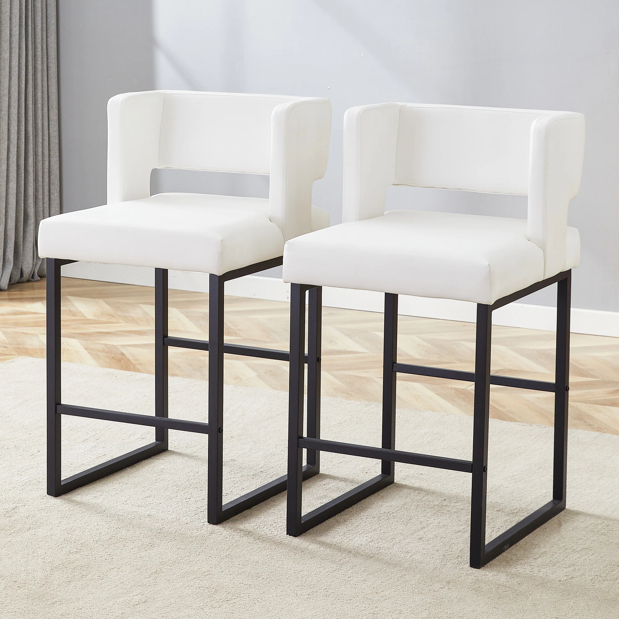 Nordic Bar Stool Set of 2 Modern Square Design Black Metal Legs - White - Image 2