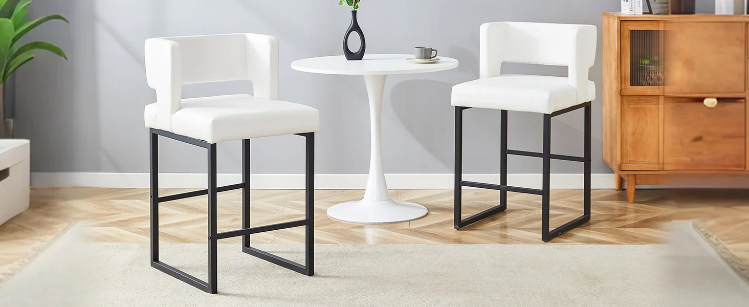 Nordic Bar Stool Set of 2 Modern Square Design Black Metal Legs - White - Image 9