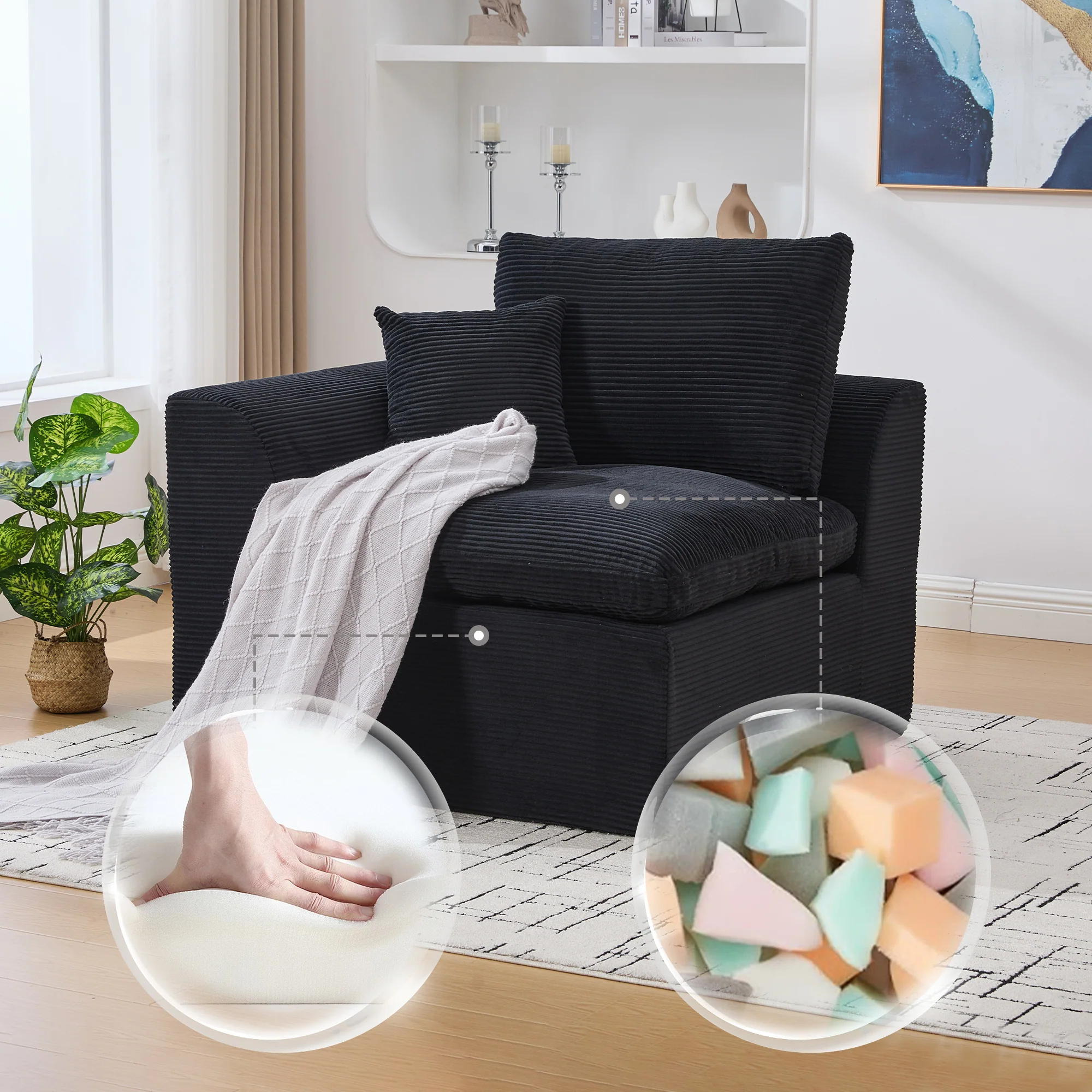 Nordic Style Single-Seater Armchair with Cushions - Fabric