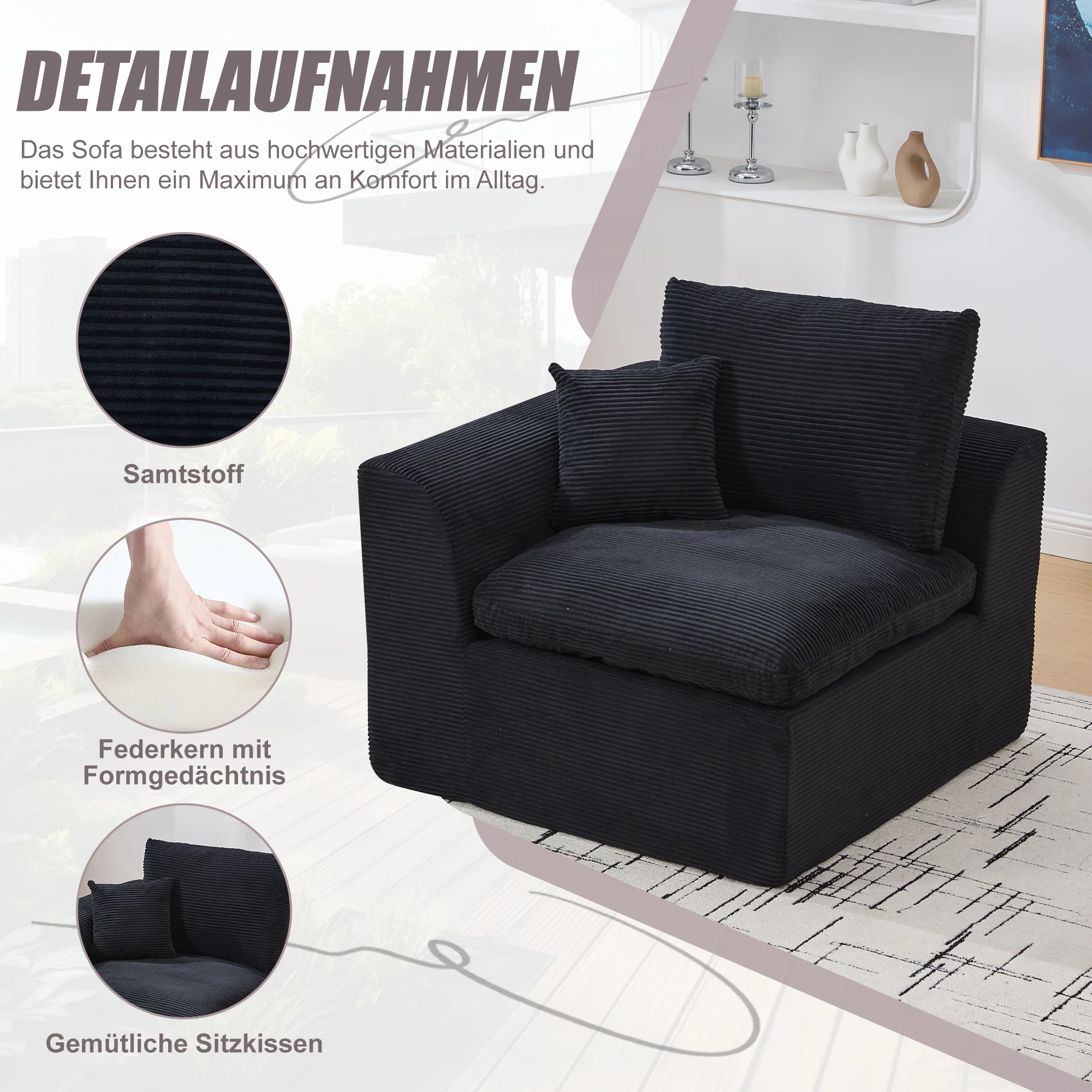 Nordic Style Single-Seater Armchair with Cushions - Fabric - Image 2