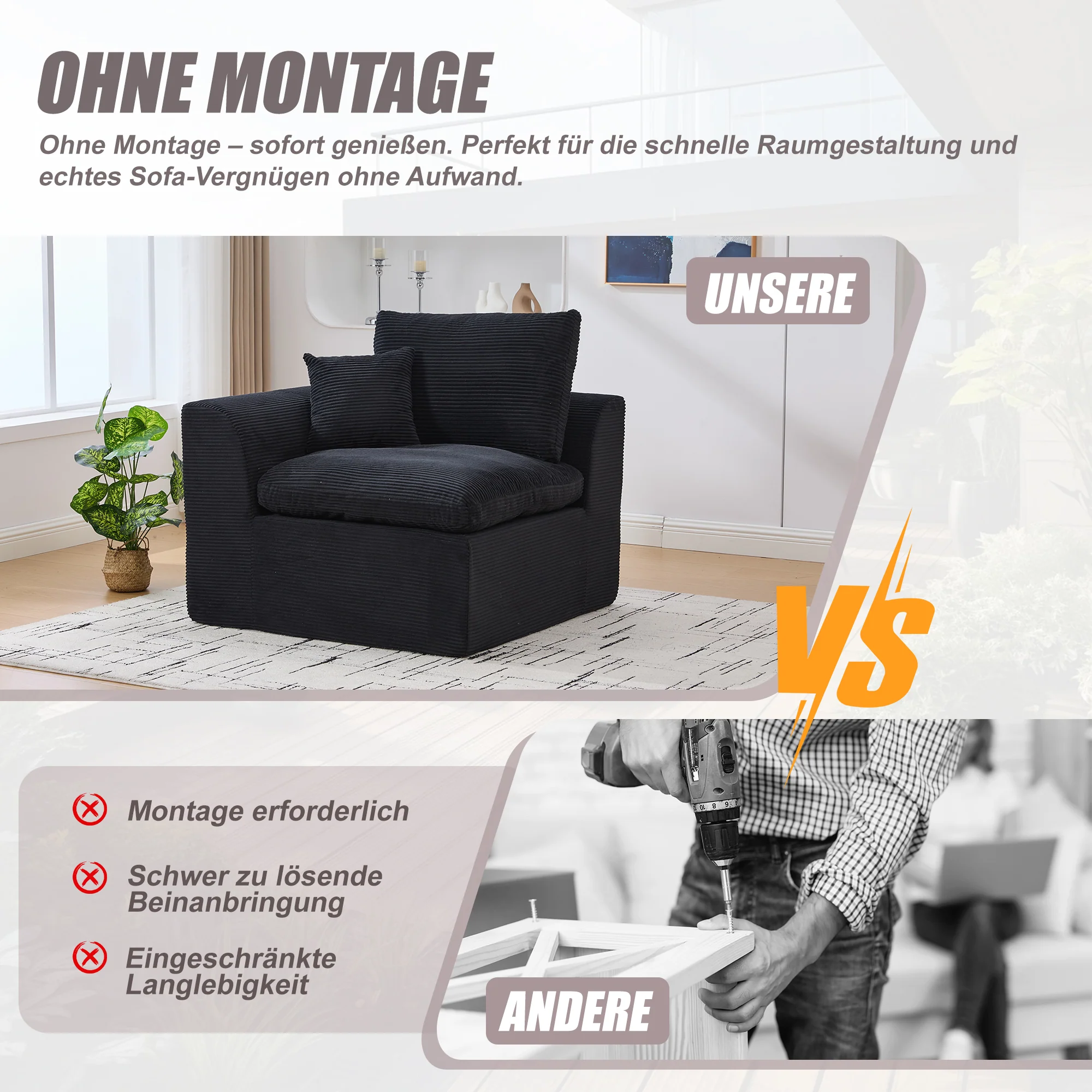 Nordic Style Single-Seater Armchair with Cushions - Fabric - Image 4