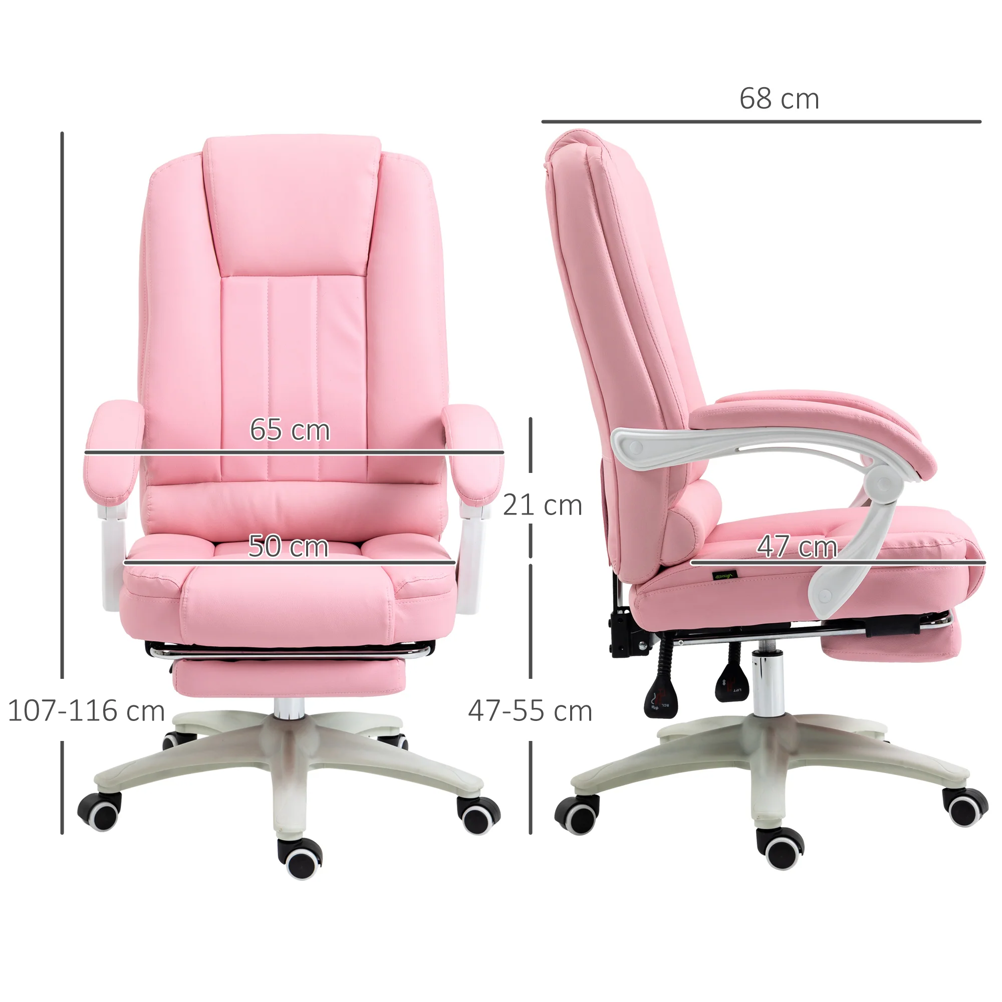 Office Chair Reclining Footrest Casters Adjustable Faux Leather Pink - Image 3
