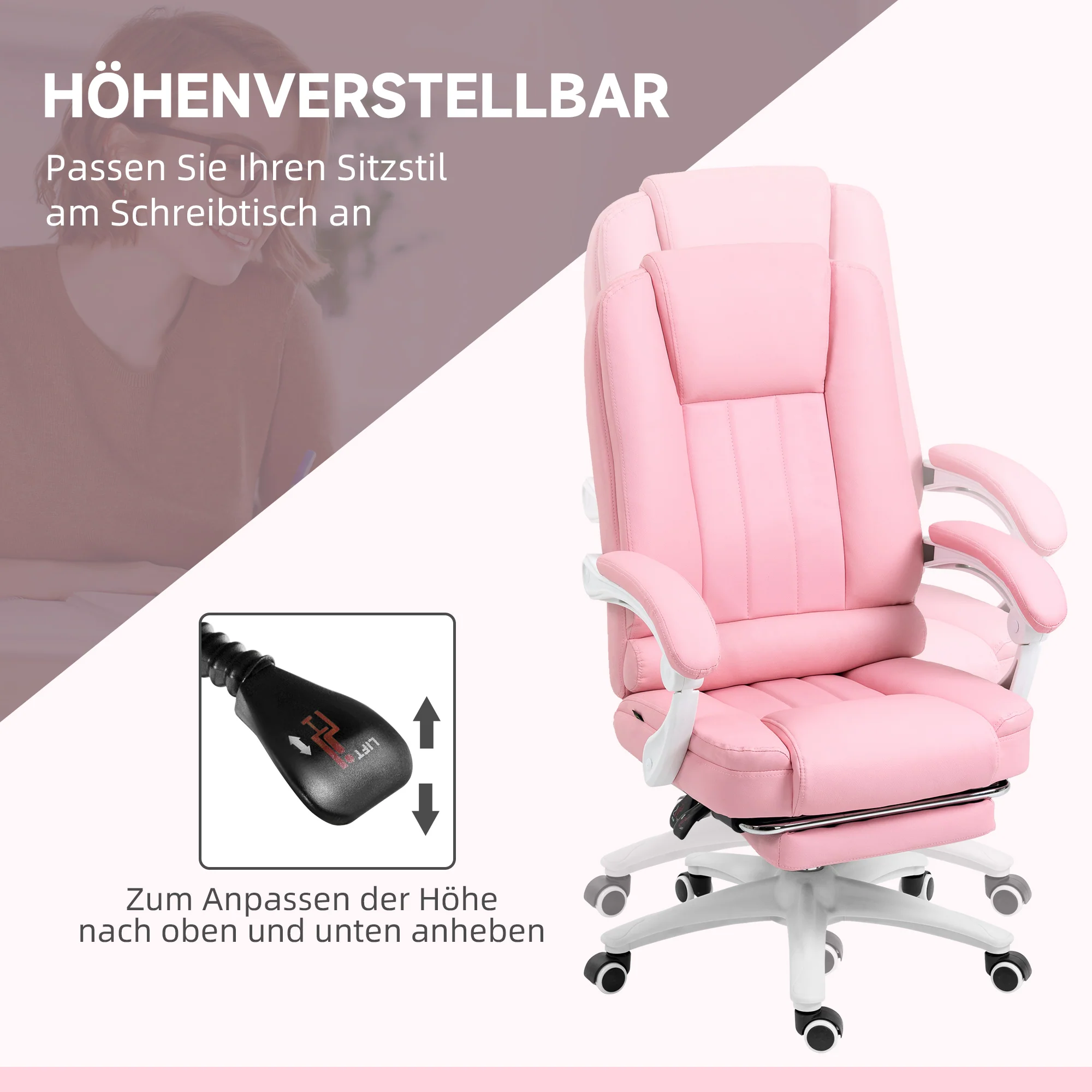 Office Chair Reclining Footrest Casters Adjustable Faux Leather Pink - Image 4
