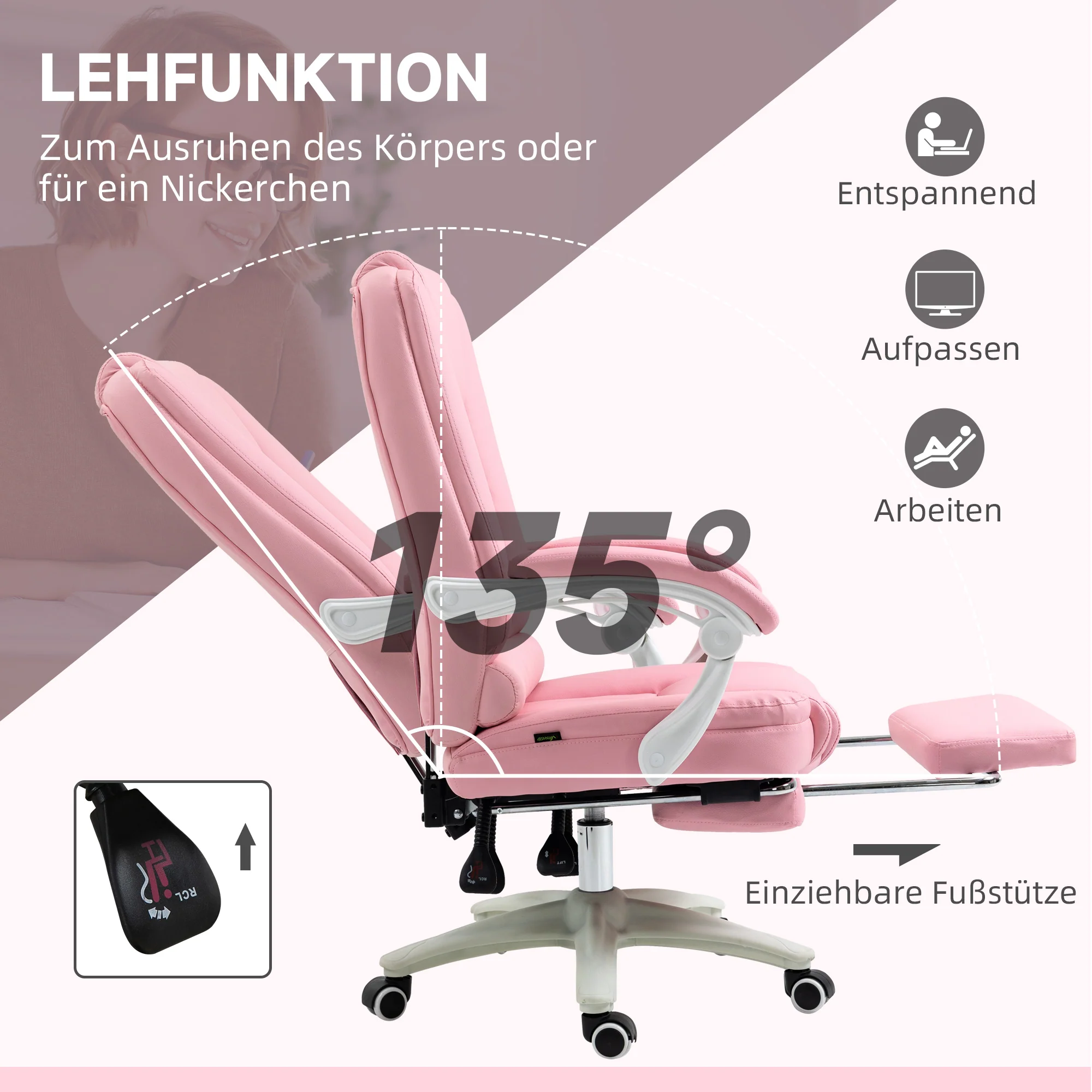 Office Chair Reclining Footrest Casters Adjustable Faux Leather Pink - Image 5
