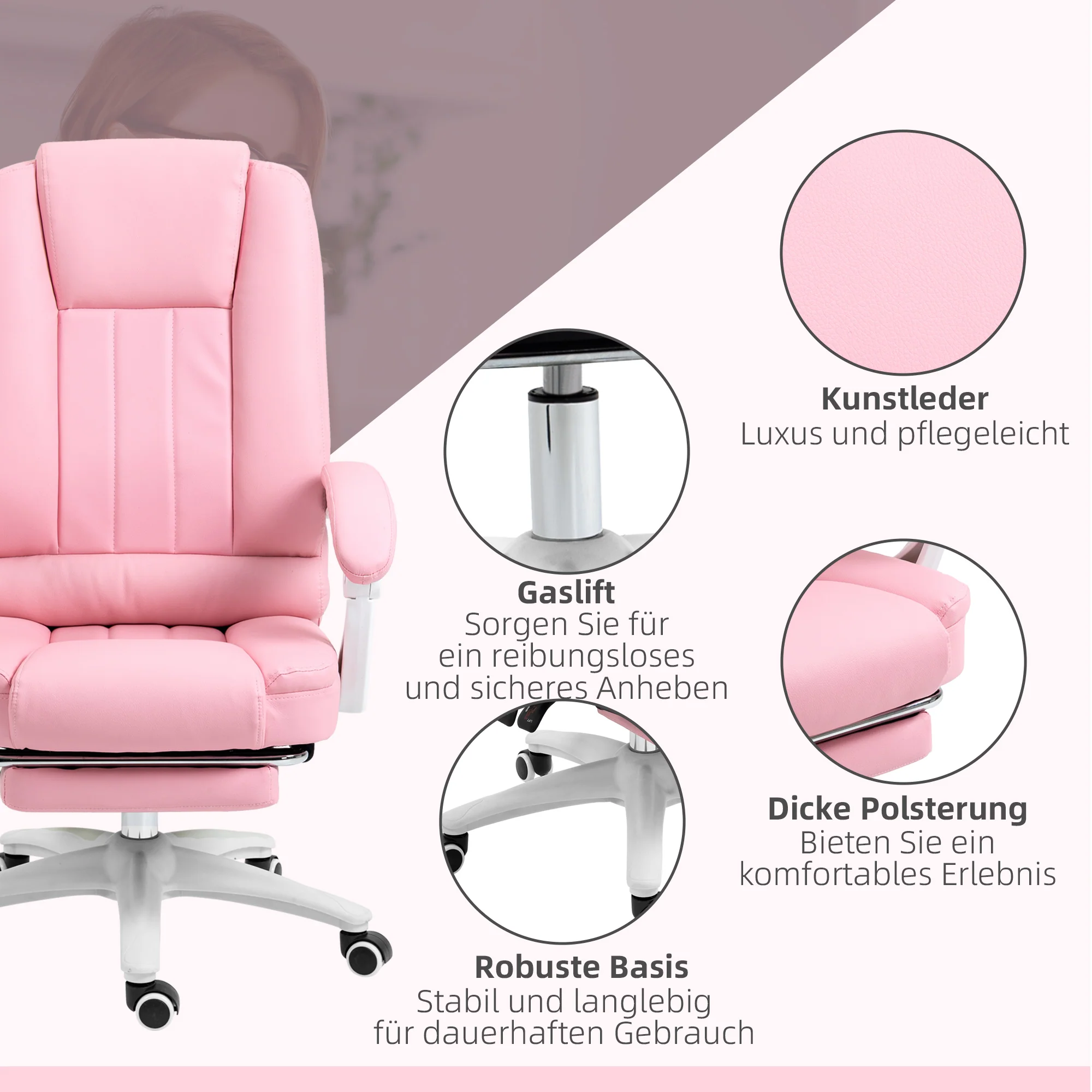 Office Chair Reclining Footrest Casters Adjustable Faux Leather Pink - Image 6
