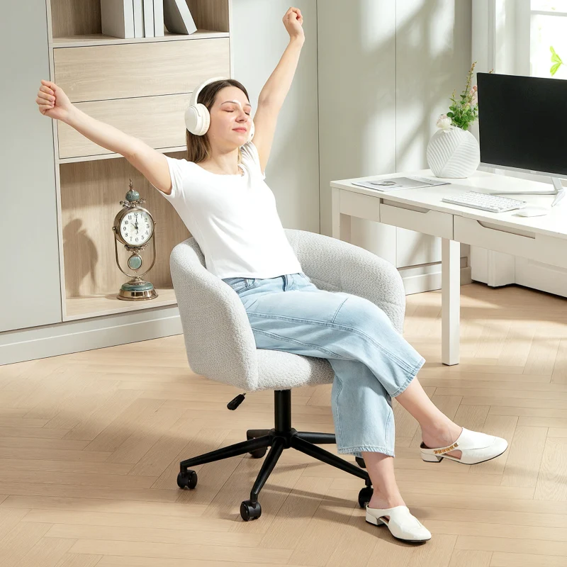 Office Chair Upholstered Tub Design Rolling Plush - Cream/Black - Image 7