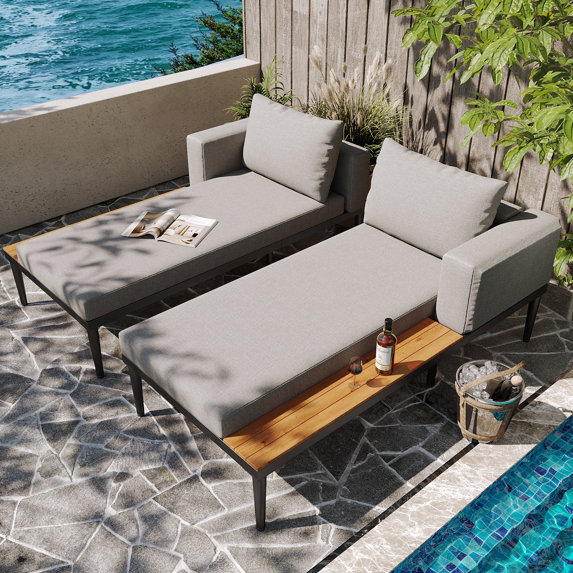 Outdoor Patio Daybed Double Lounge Sunbed Multifunctional Waterproof with Shelves - Image 2