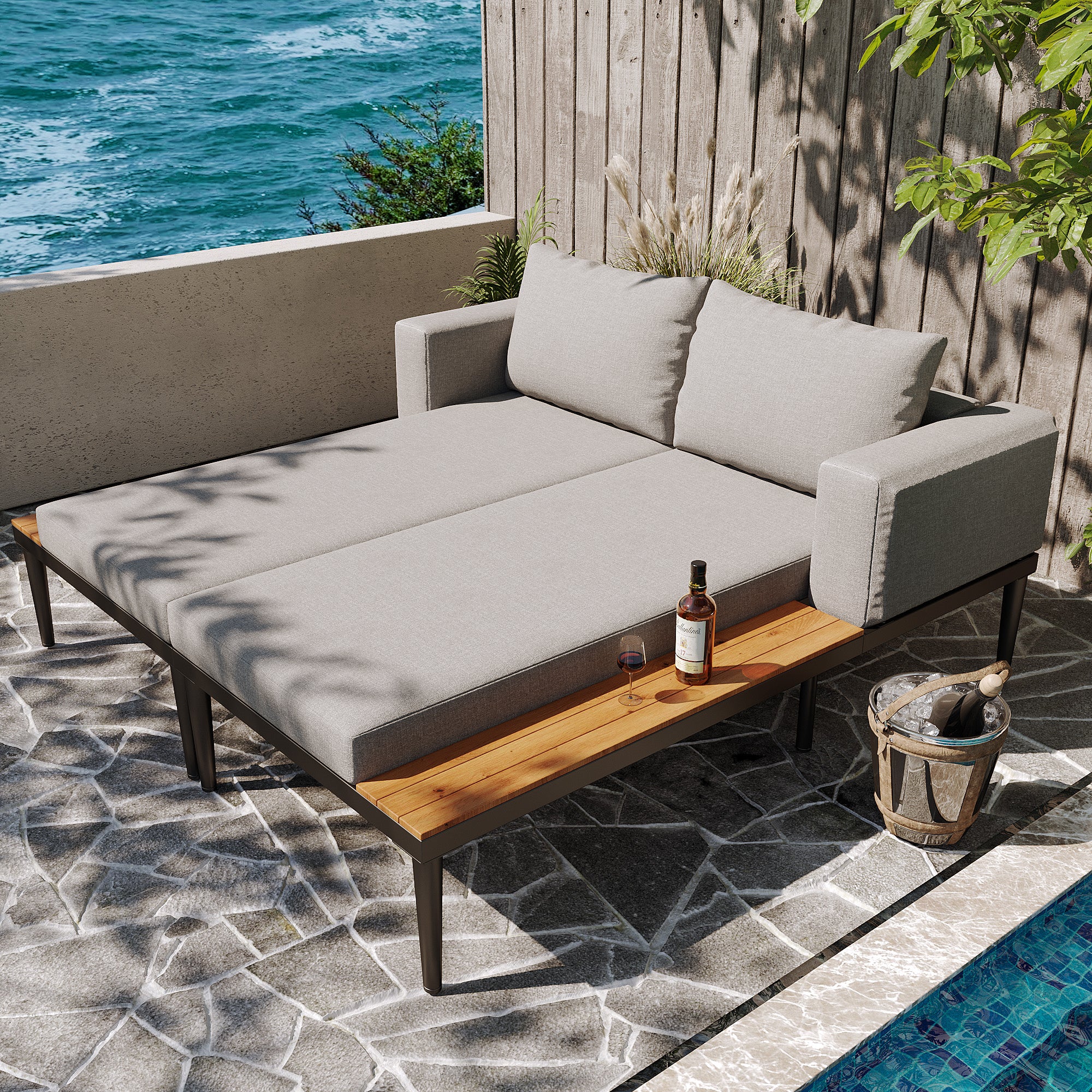 Outdoor Patio Daybed Double Lounge Sunbed Multifunctional Waterproof with Shelves - Image 3