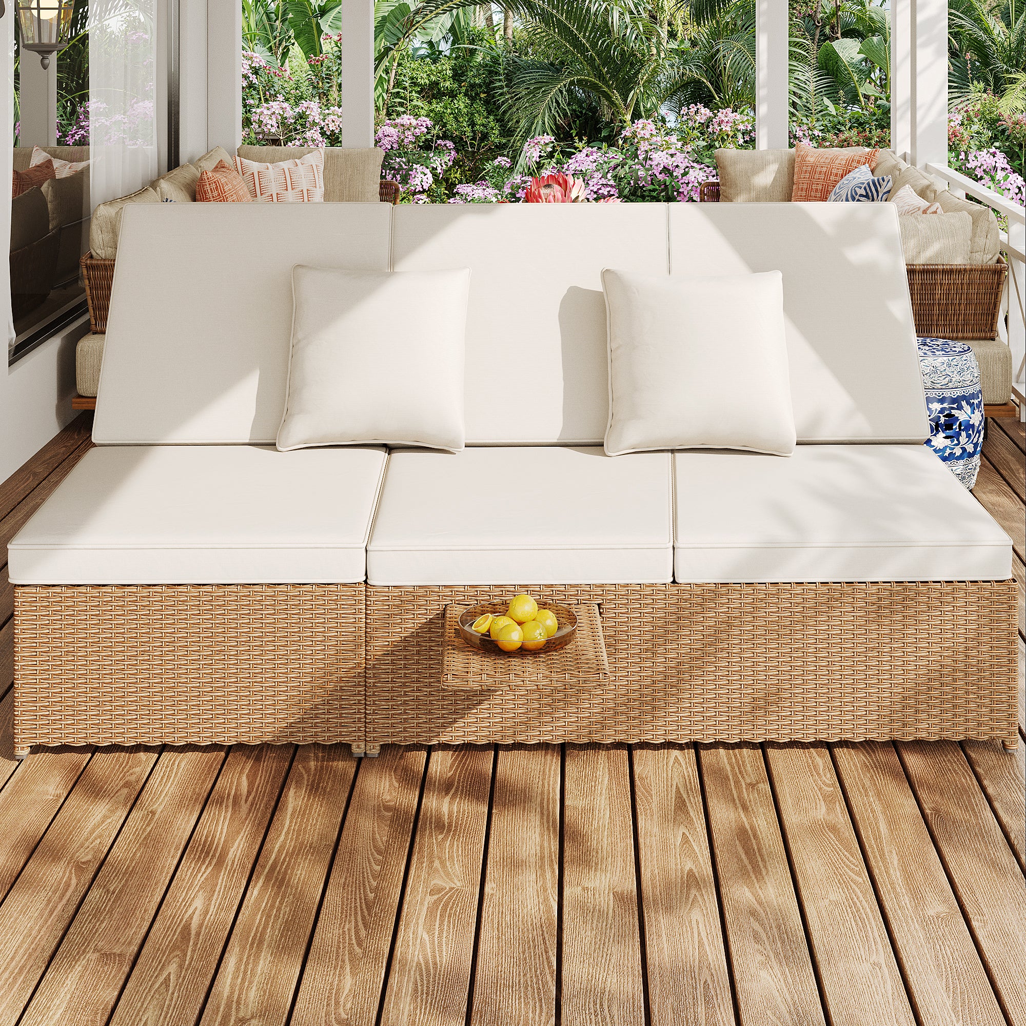 Outdoor Rattan Double Lounger - Foldable Weatherproof with Cushions - White - Image 4