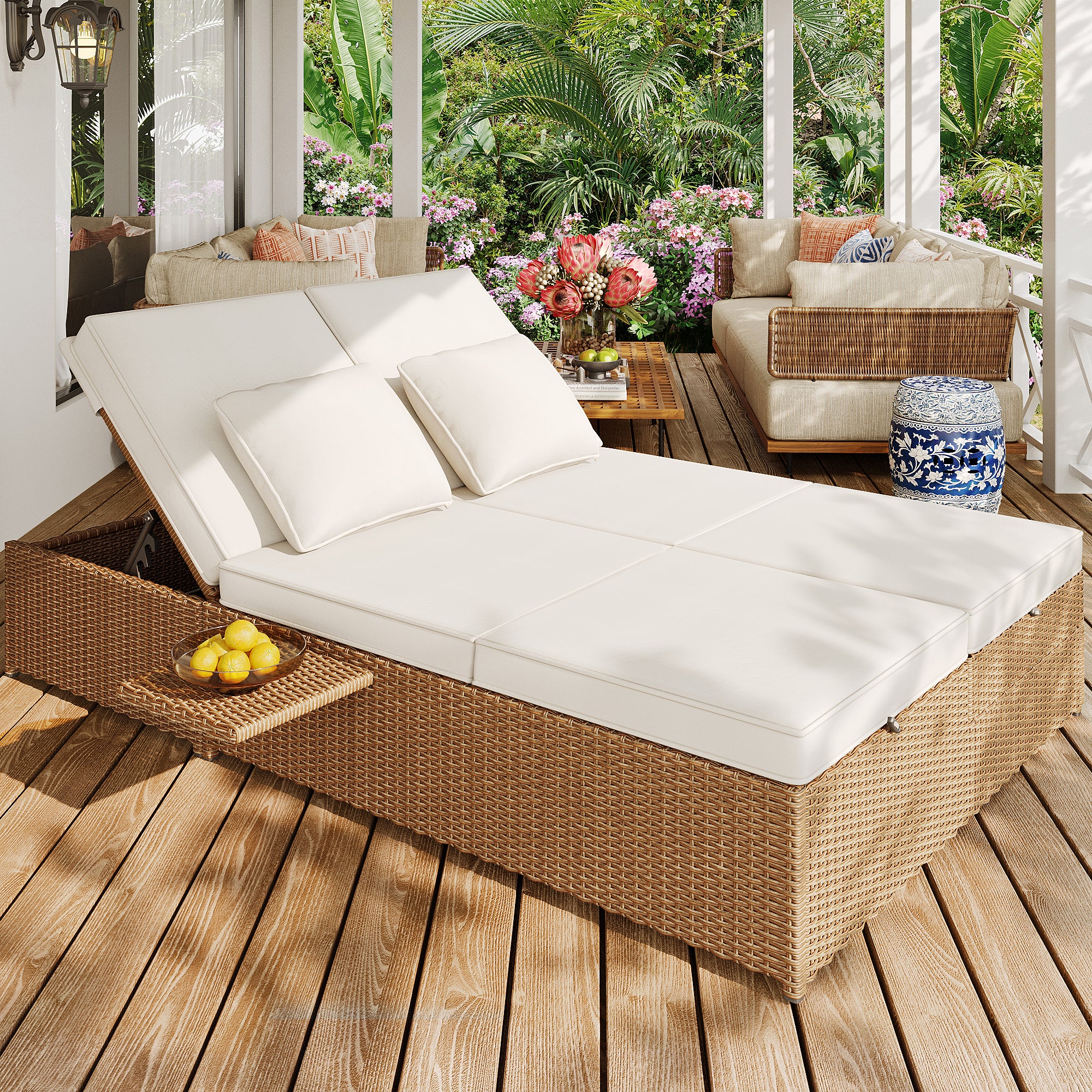 Outdoor Rattan Double Lounger - Foldable Weatherproof with Cushions - White - Image 5