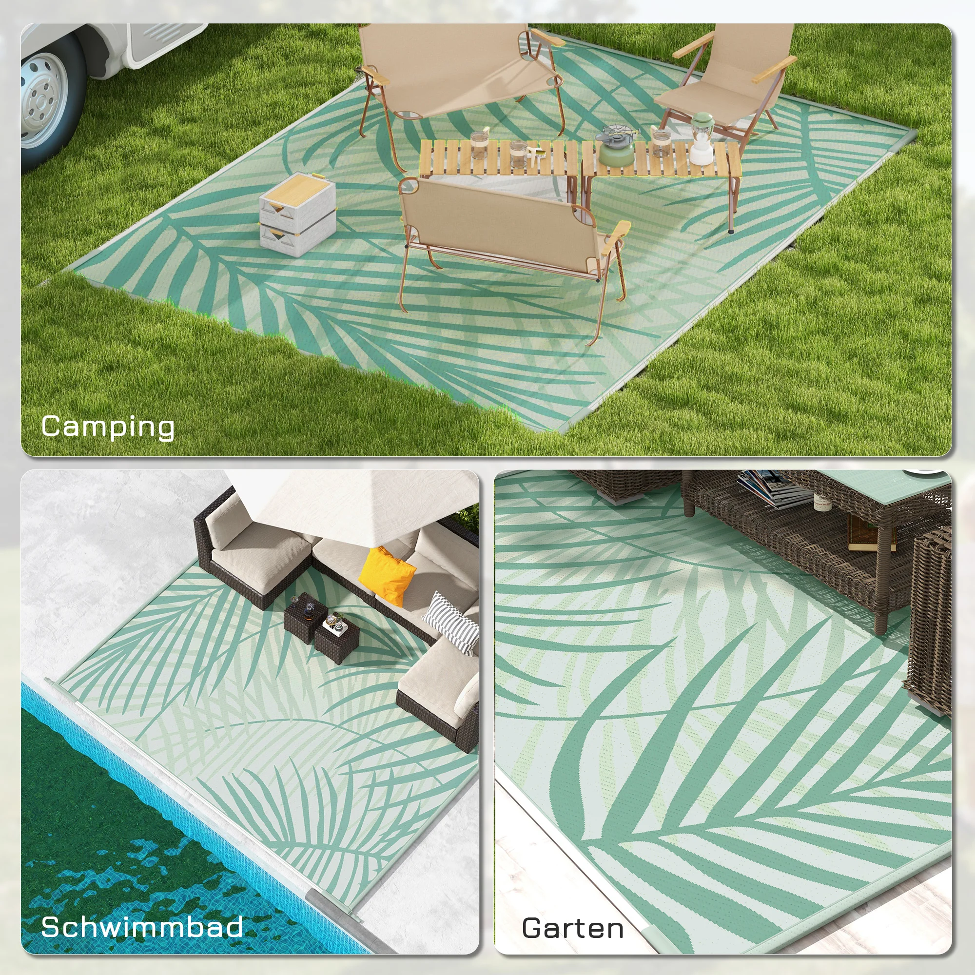 Outdoor Rug Reversible Water-Repellent 365x274cm with Carrying Bag, Green - Image 5