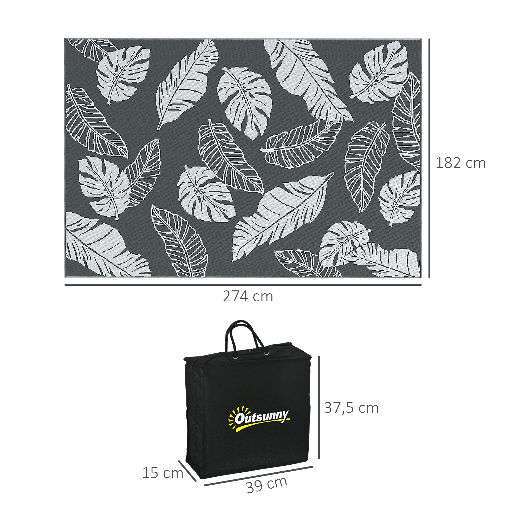 Outdoor Rug, Weatherproof Plastic, 182x274cm Double-Sided Design, Grey and White - Image 3