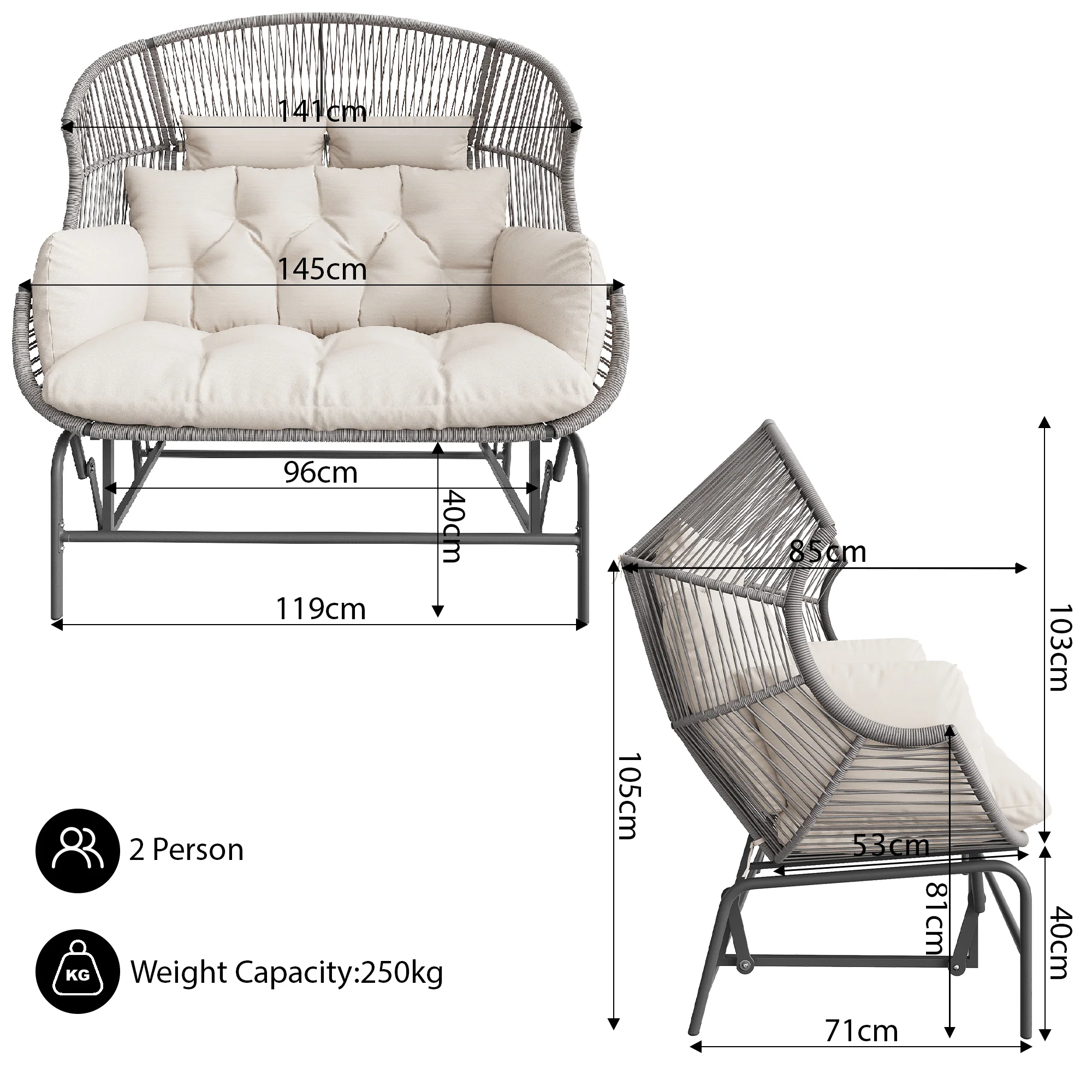 Outdoor Swing Egg Chair Double Patio Hanging Rocking Chair Grey - Image 7