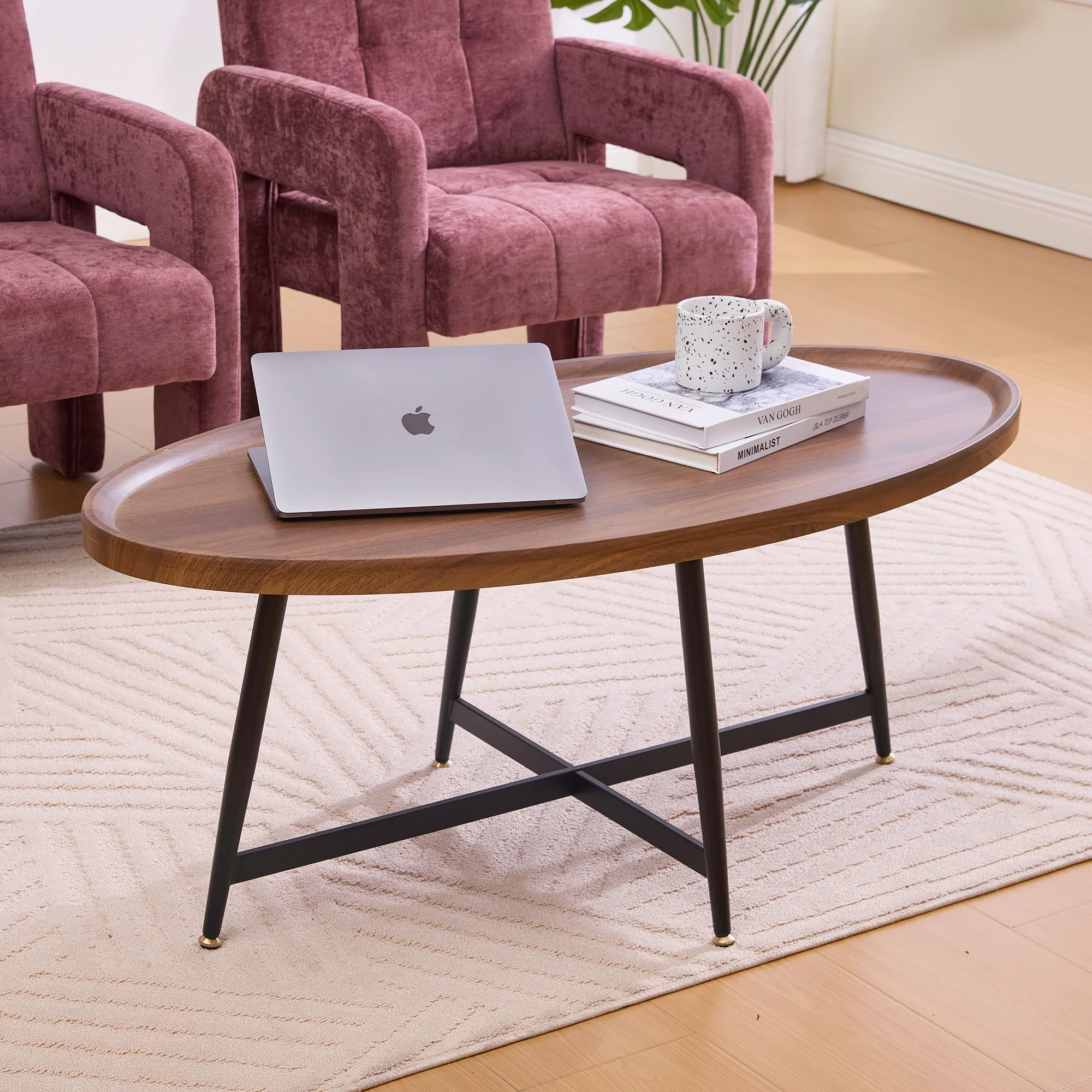 Oval Coffee Table Modern Minimalist Wood Metal Frame - Image 10