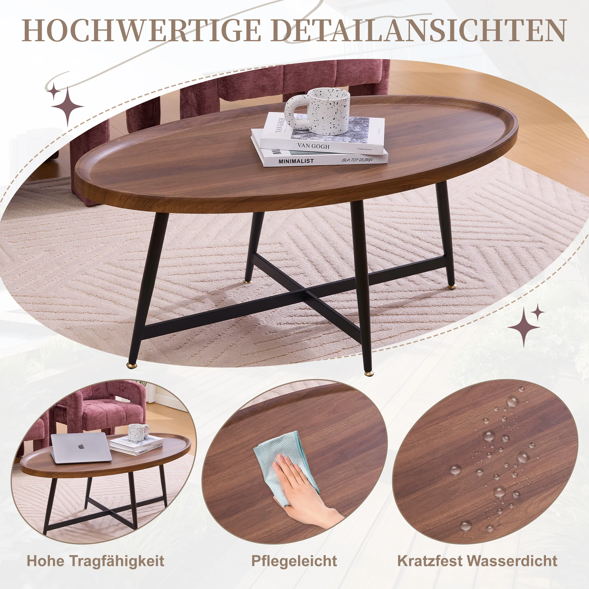 Oval Coffee Table Modern Minimalist Wood Metal Frame - Image 2