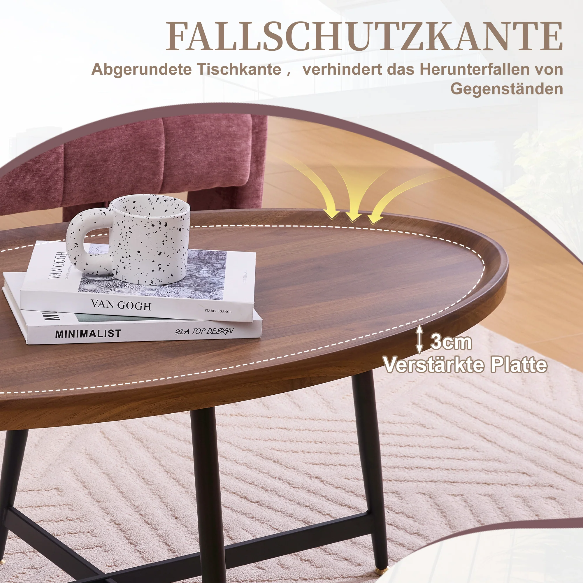 Oval Coffee Table Modern Minimalist Wood Metal Frame - Image 3