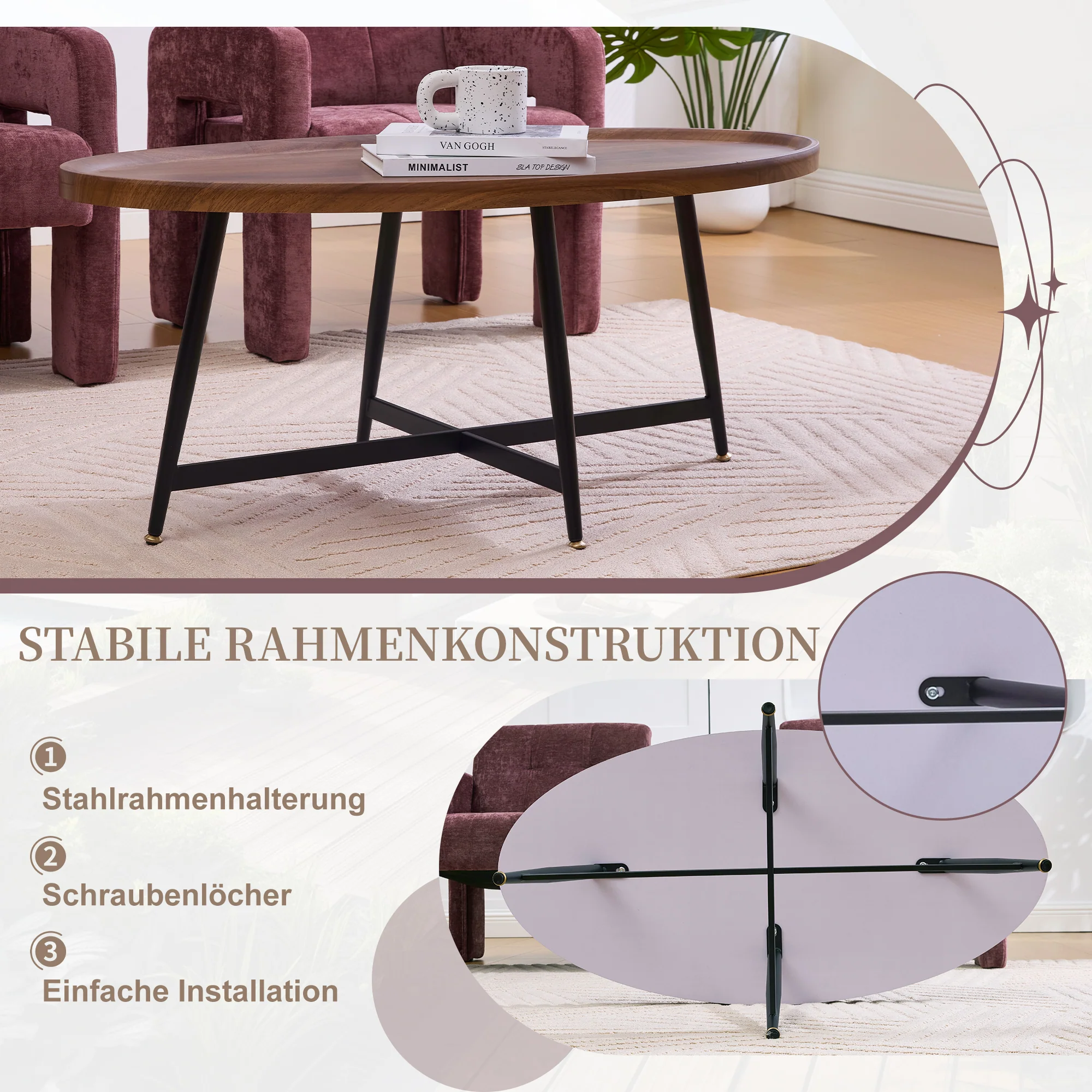 Oval Coffee Table Modern Minimalist Wood Metal Frame - Image 5