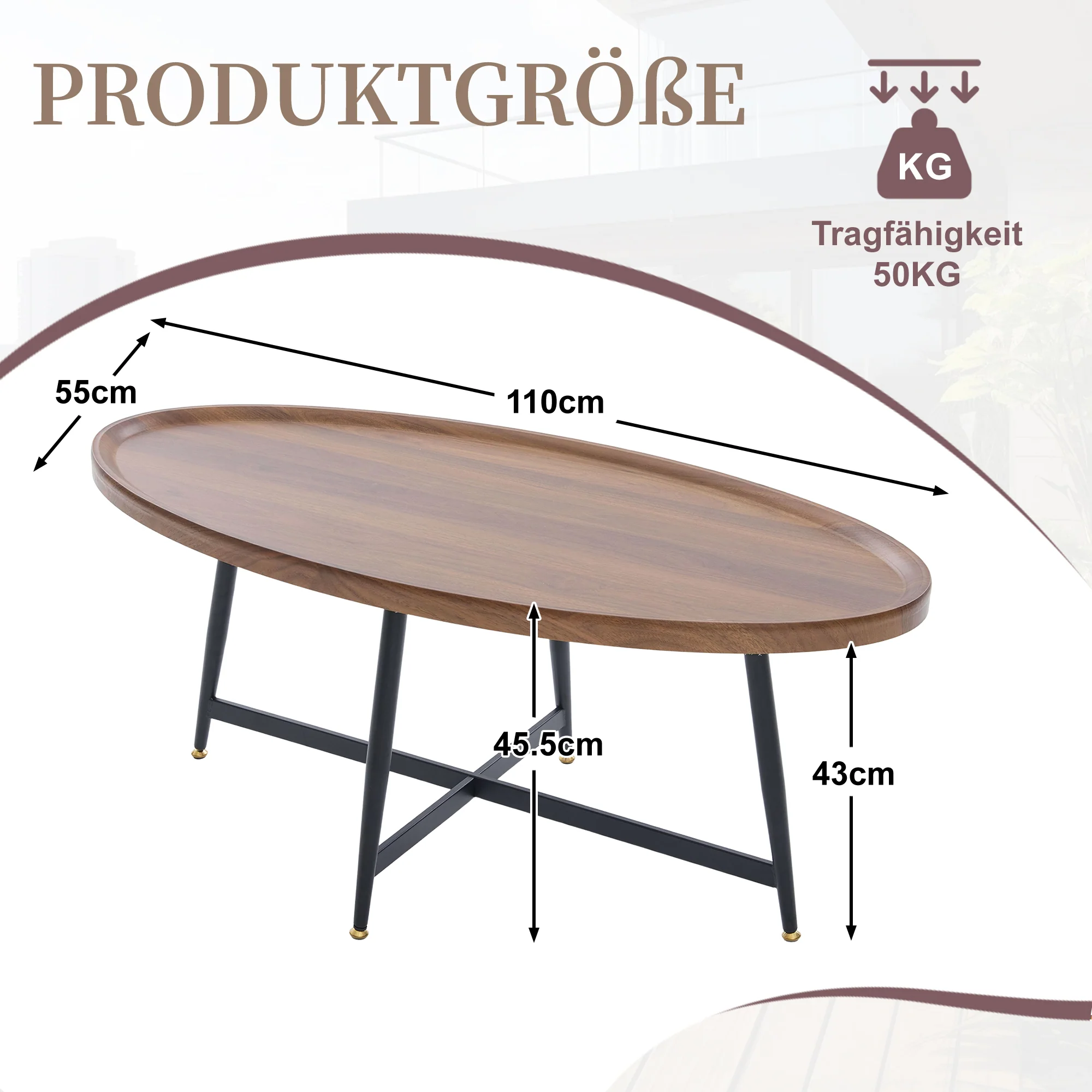 Oval Coffee Table Modern Minimalist Wood Metal Frame - Image 7