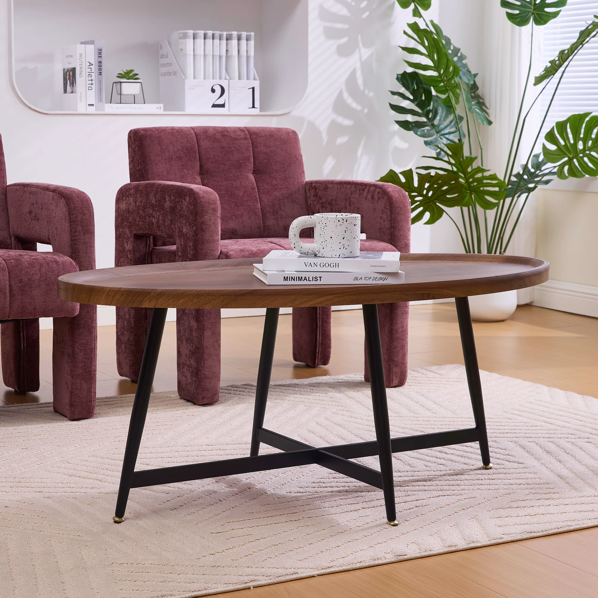 Oval Coffee Table Modern Minimalist Wood Metal Frame - Image 8