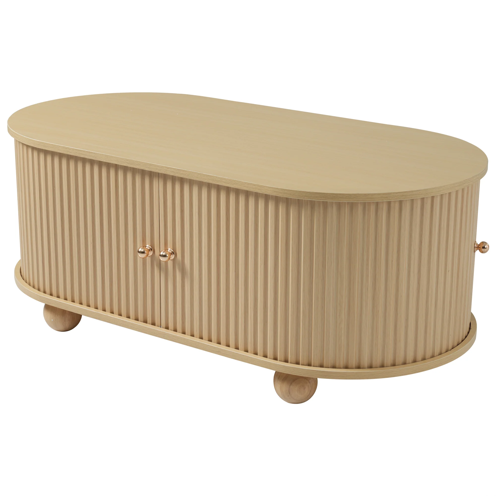 Oval Coffee Table with Storage and Sliding Doors, Multifunctional, Wood Colors - Image 10
