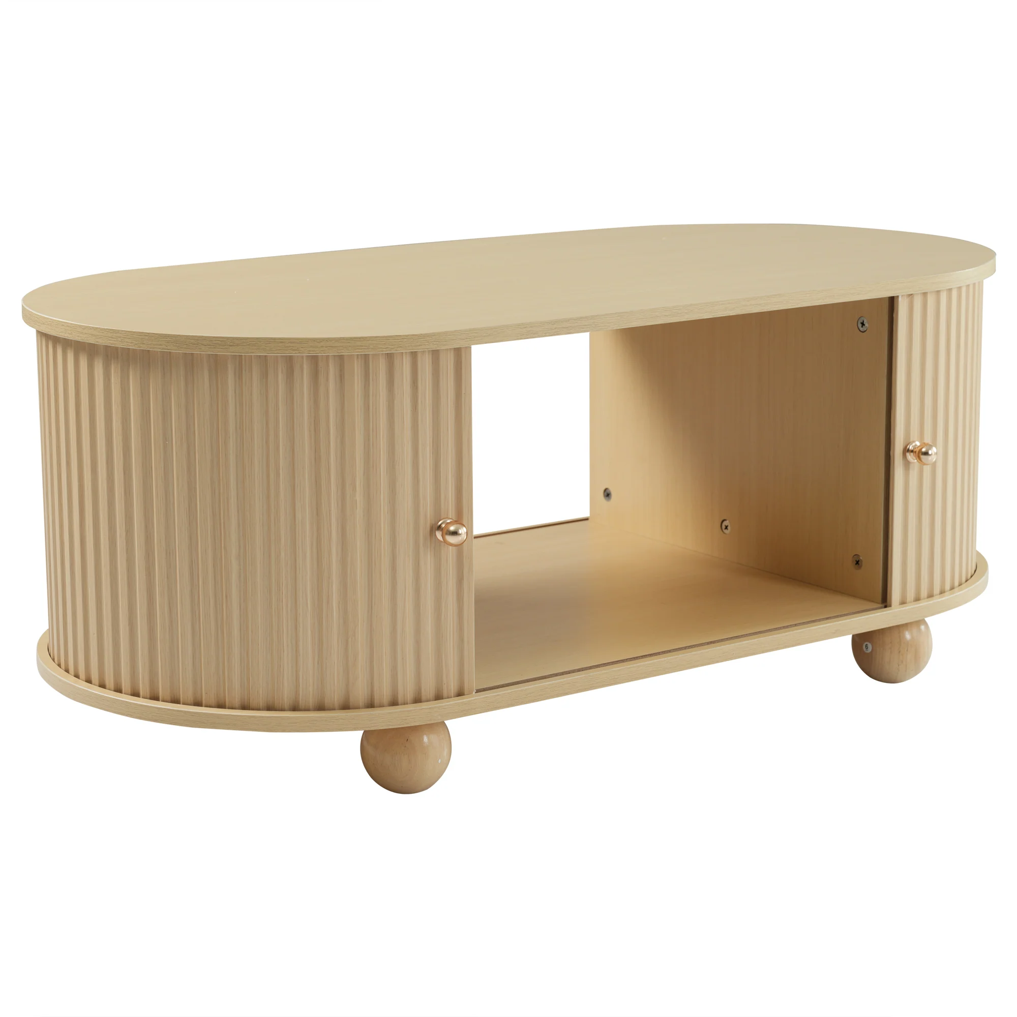 Oval Coffee Table with Storage and Sliding Doors, Multifunctional, Wood Colors - Image 11