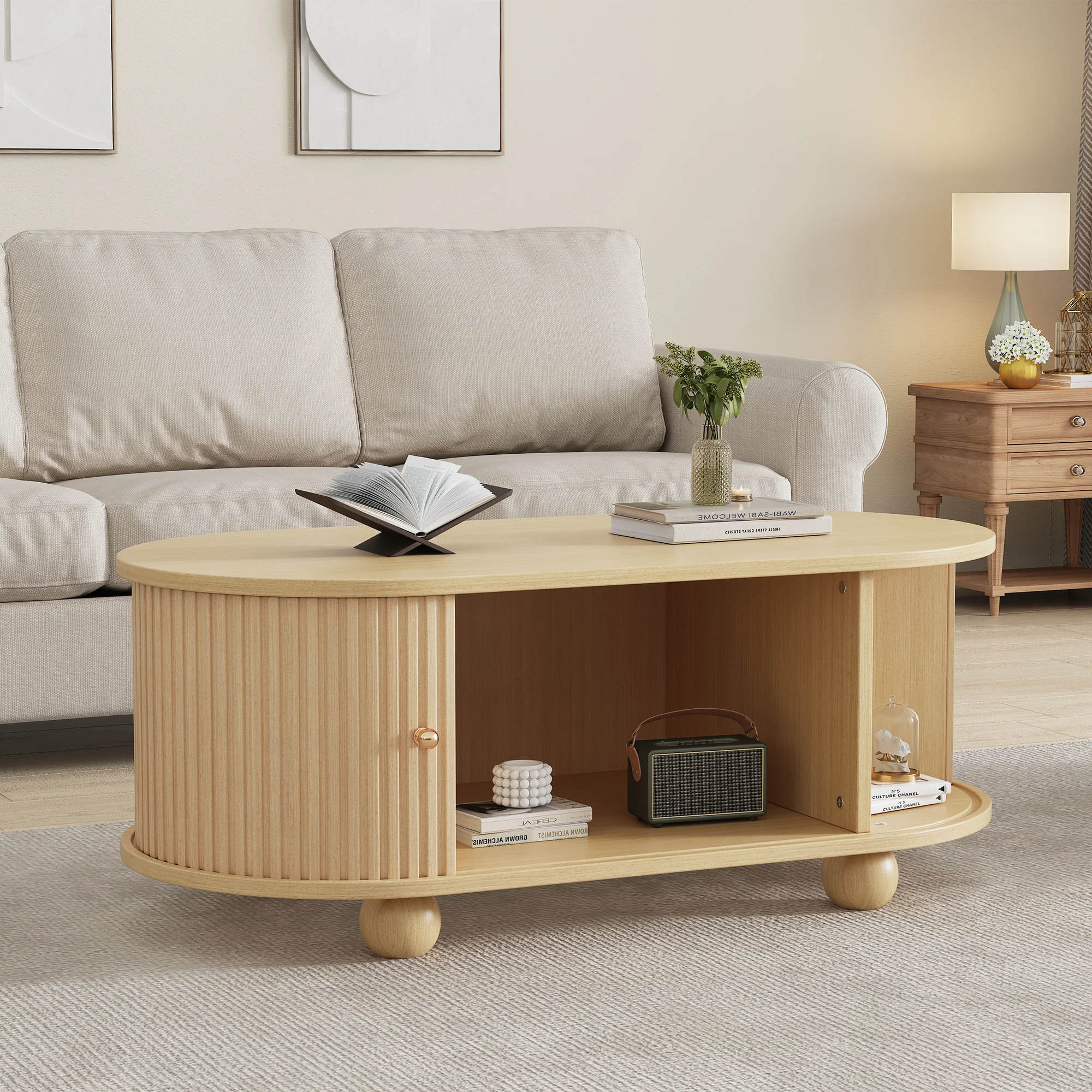 Oval Coffee Table with Storage and Sliding Doors, Multifunctional, Wood Colors - Image 2