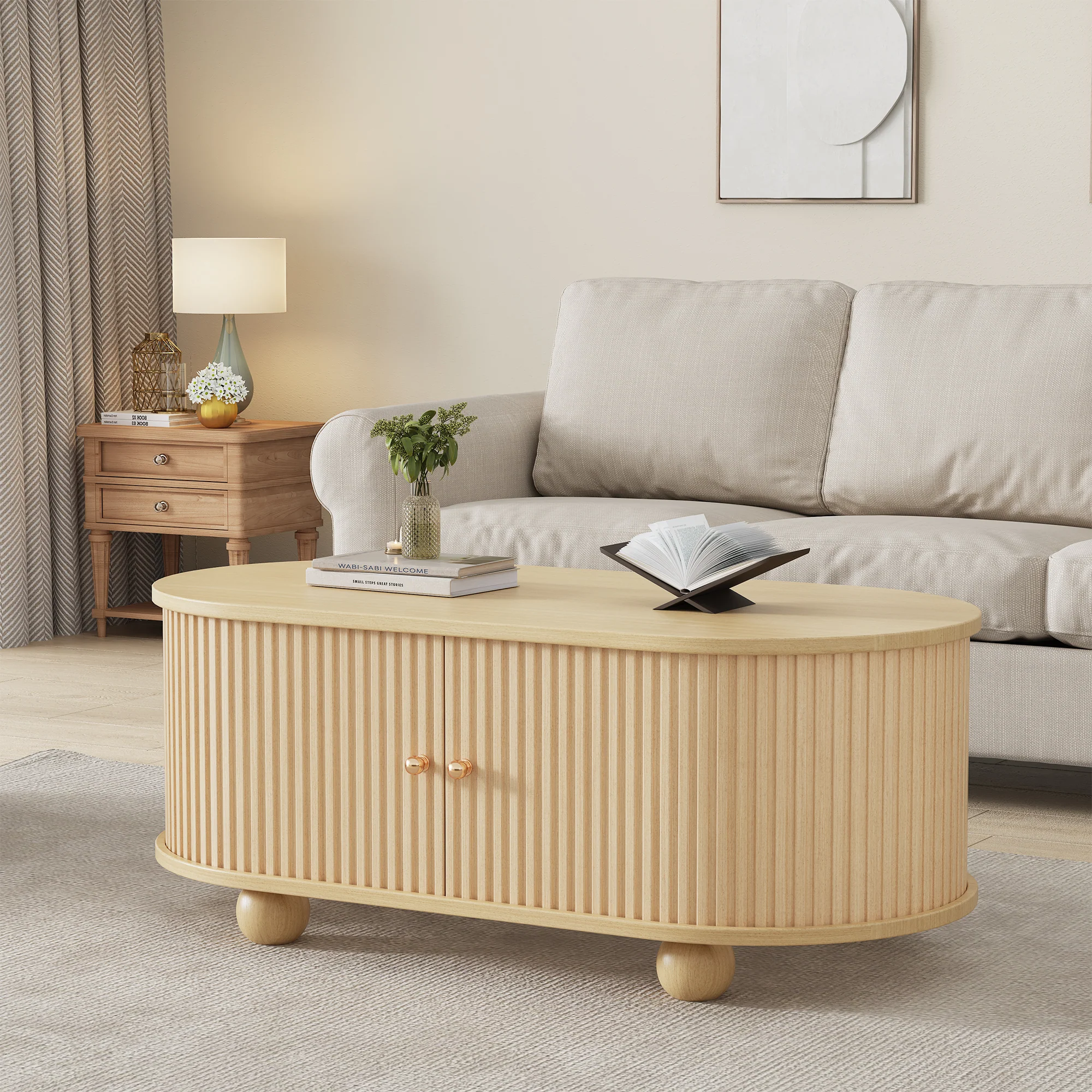 Oval Coffee Table with Storage and Sliding Doors, Multifunctional, Wood Colors - Image 3