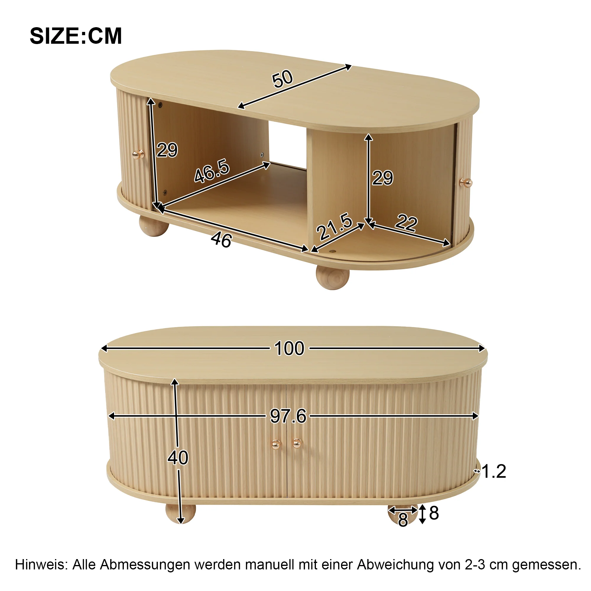 Oval Coffee Table with Storage and Sliding Doors, Multifunctional, Wood Colors - Image 4