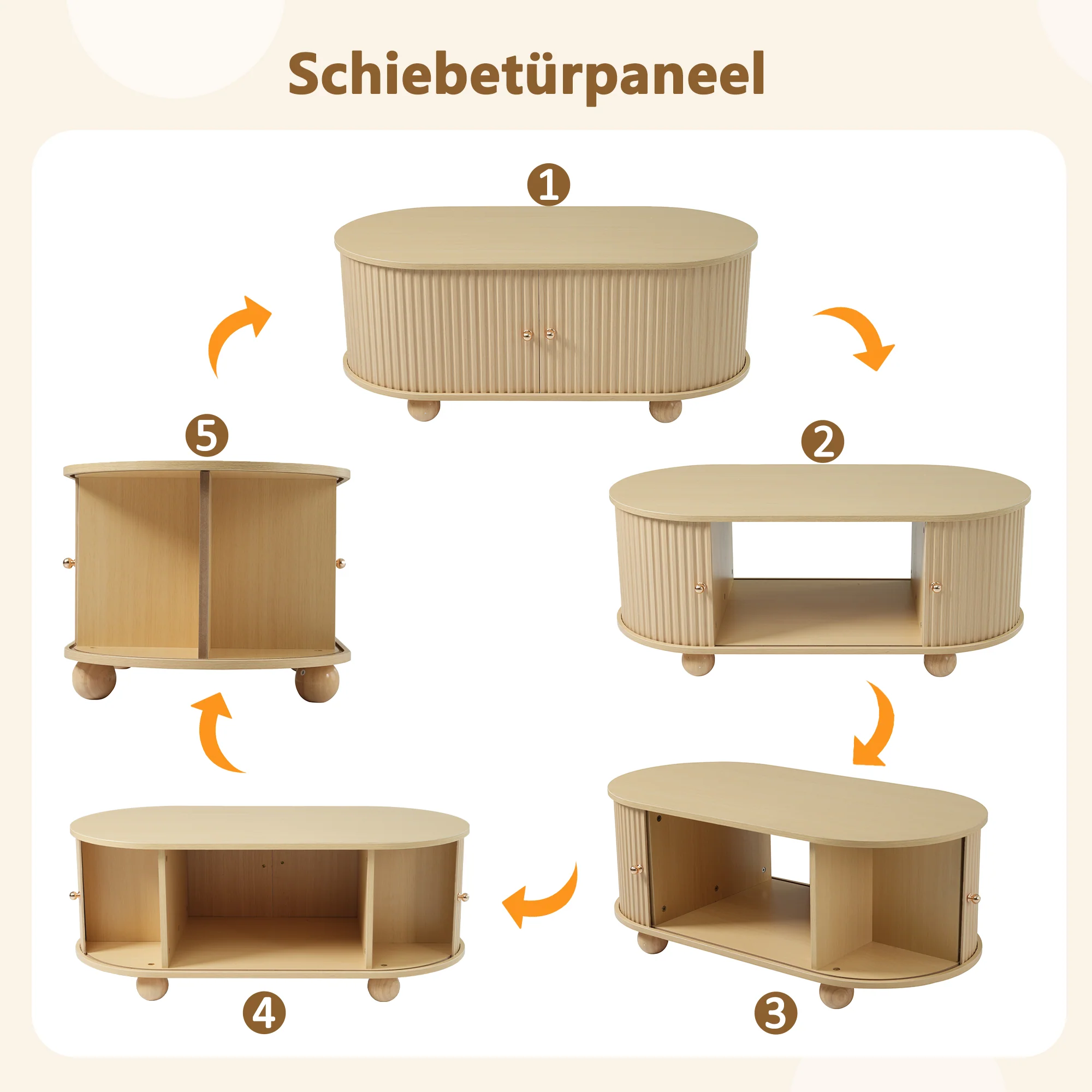 Oval Coffee Table with Storage and Sliding Doors, Multifunctional, Wood Colors - Image 5