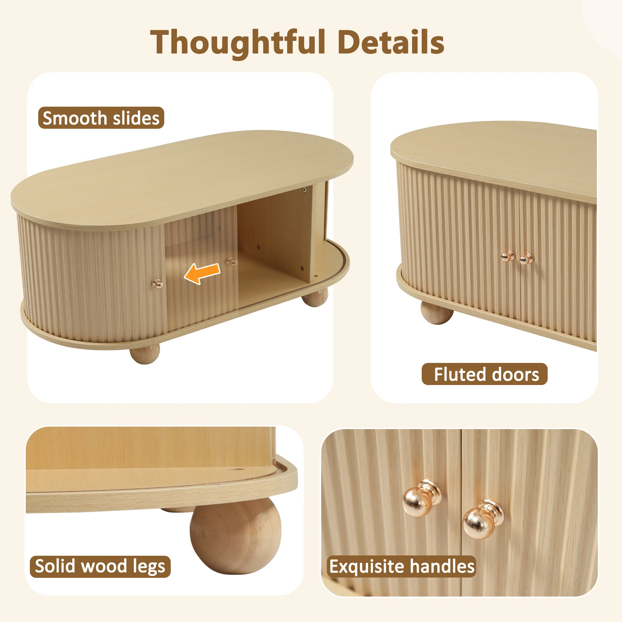 Oval Coffee Table with Storage and Sliding Doors, Multifunctional, Wood Colors - Image 6