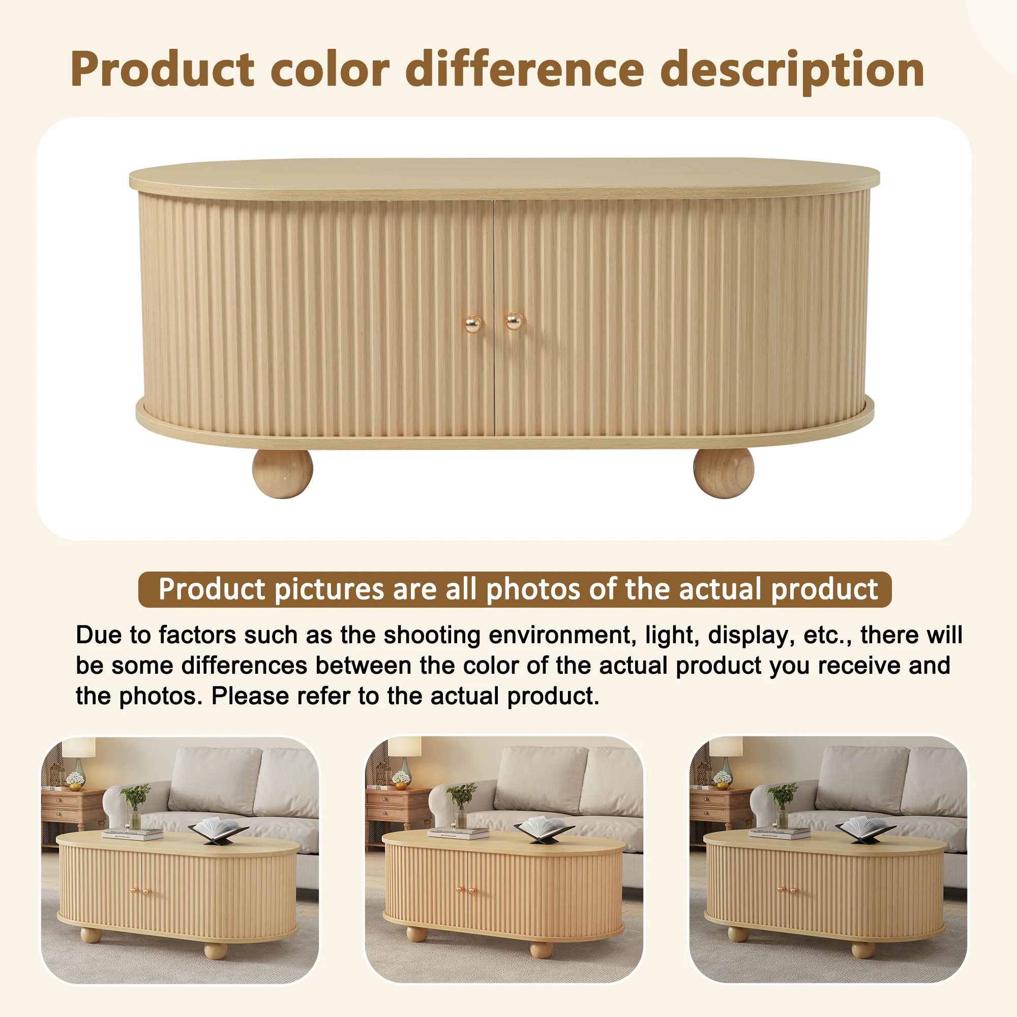 Oval Coffee Table with Storage and Sliding Doors, Multifunctional, Wood Colors - Image 7