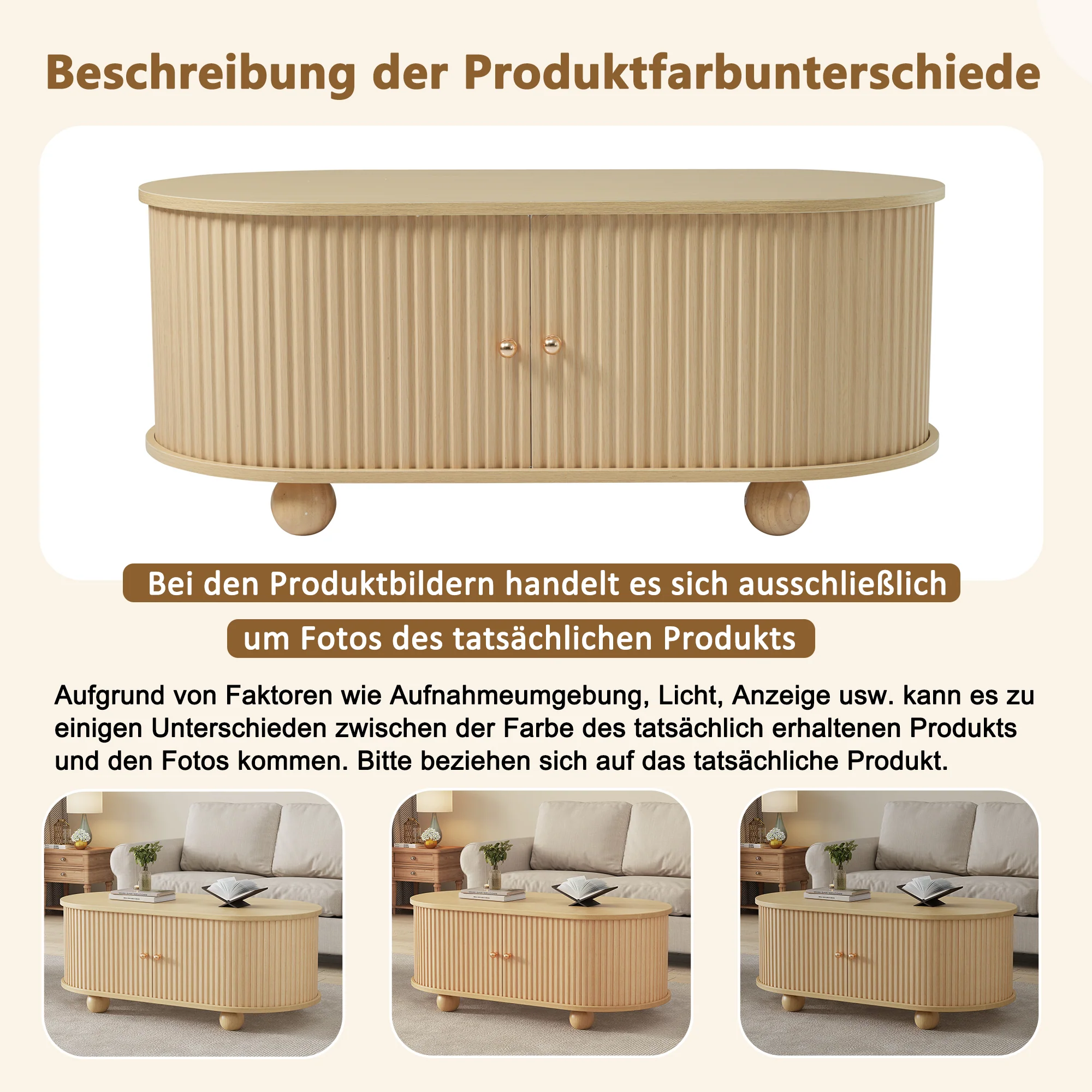 Oval Coffee Table with Storage and Sliding Doors, Multifunctional, Wood Colors - Image 8