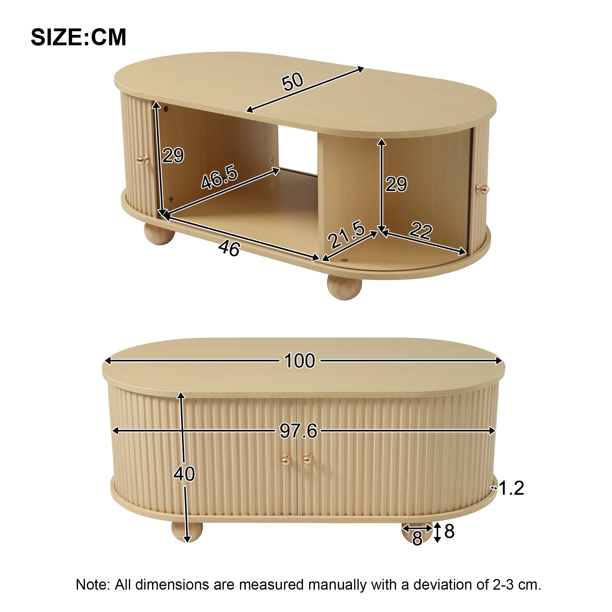 Oval Coffee Table with Storage and Sliding Doors, Multifunctional, Wood Colors - Image 9