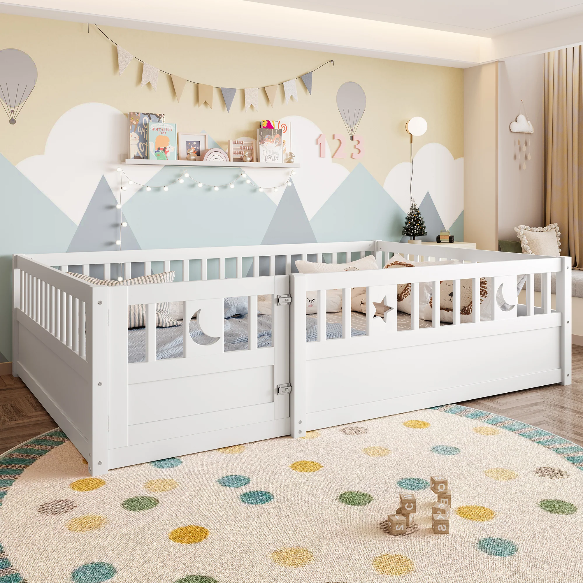 Panel Bed 140x190cm Children's with Railing Star & Moon Decoration - White - Image 2