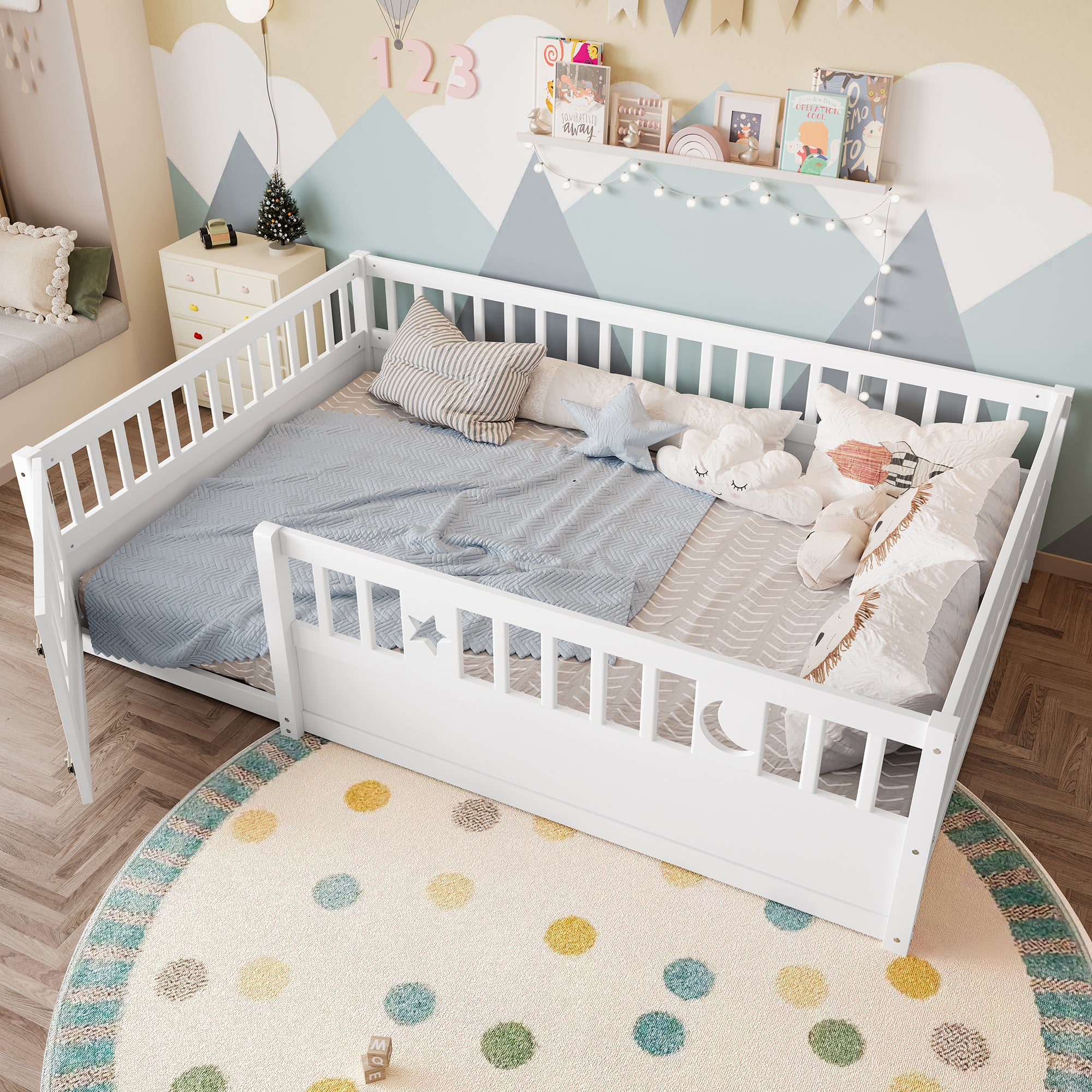 Panel Bed 140x190cm Children's with Railing Star & Moon Decoration - White - Image 3