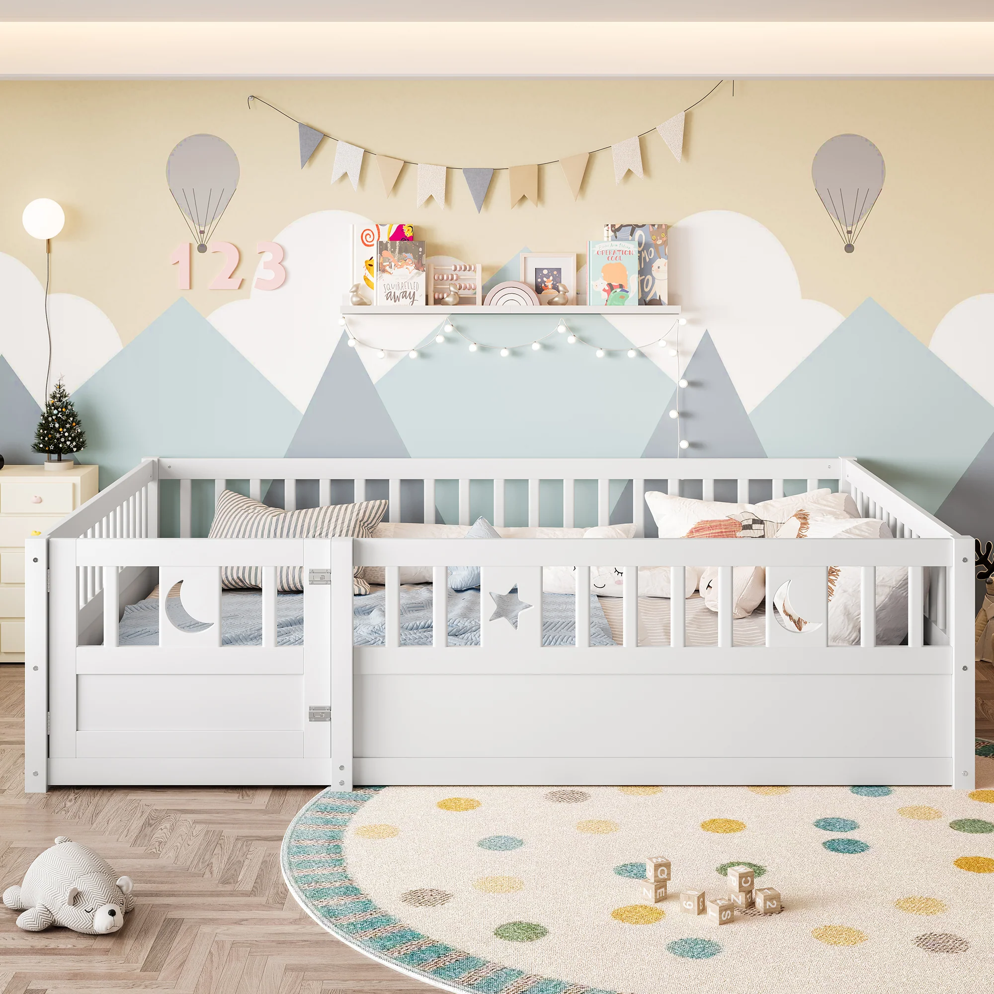 Panel Bed 140x190cm Children's with Railing Star & Moon Decoration - White - Image 4