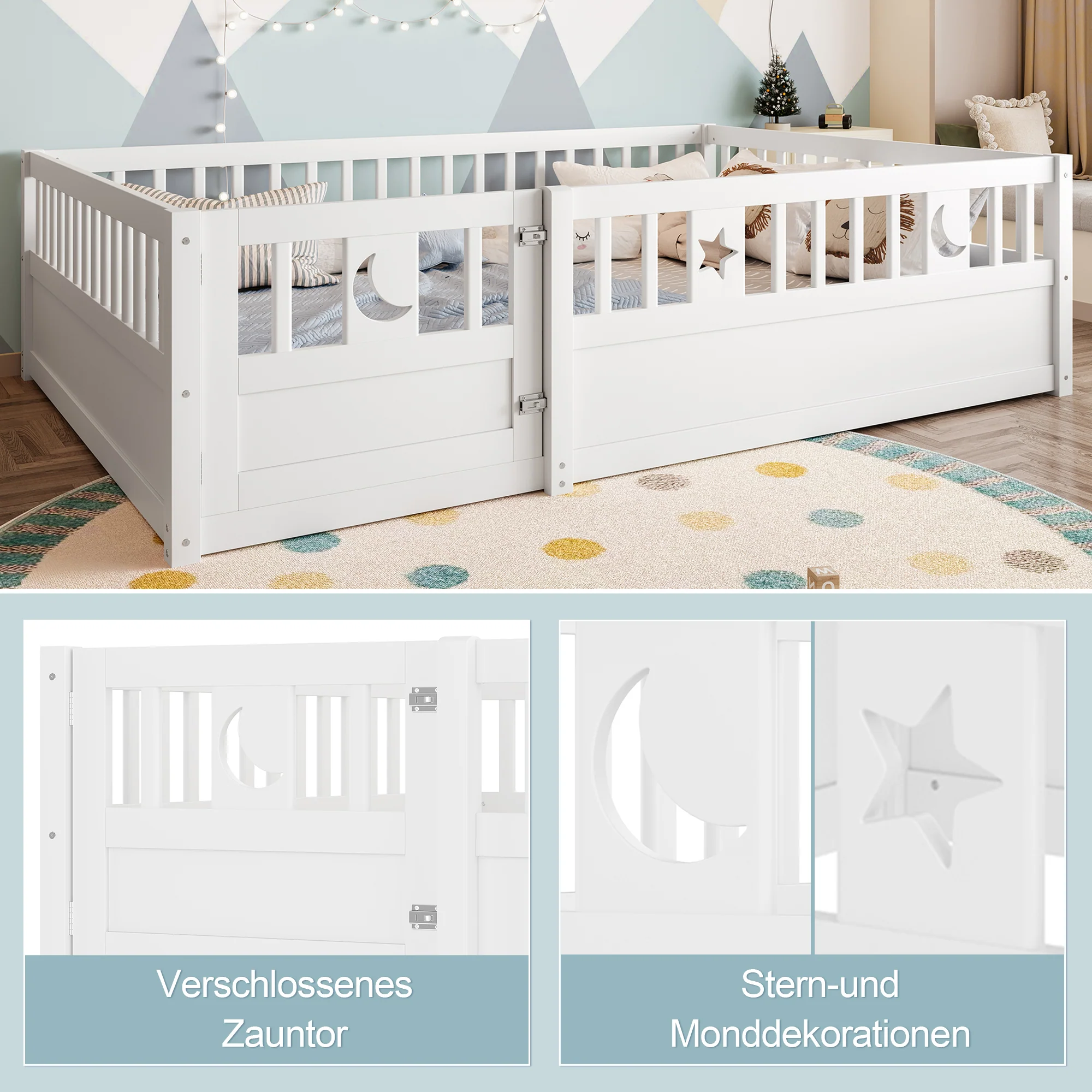 Panel Bed 140x190cm Children's with Railing Star & Moon Decoration - White - Image 5