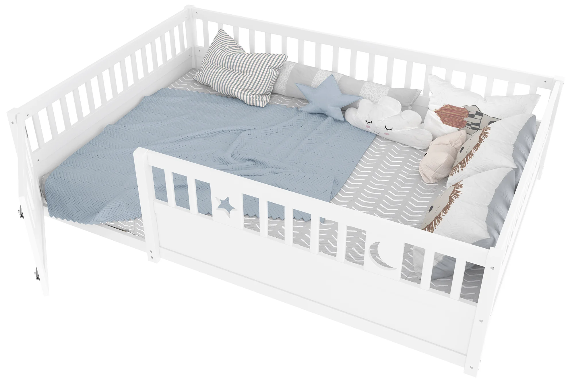 Panel Bed 140x190cm Children's with Railing Star & Moon Decoration - White - Image 7