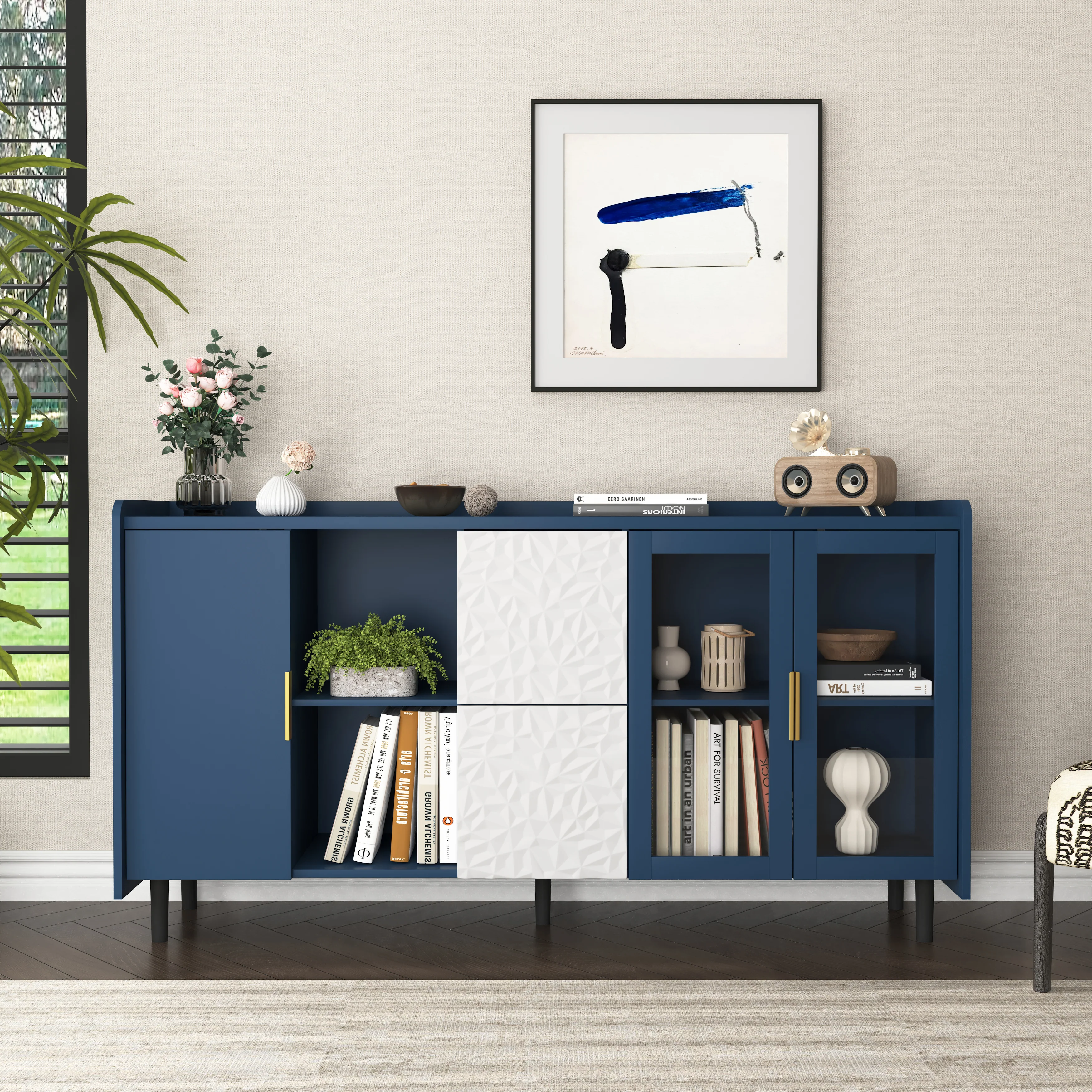 Pantry Cabinet 55-inch 2 Drawers 2 Glass Doors - Blue